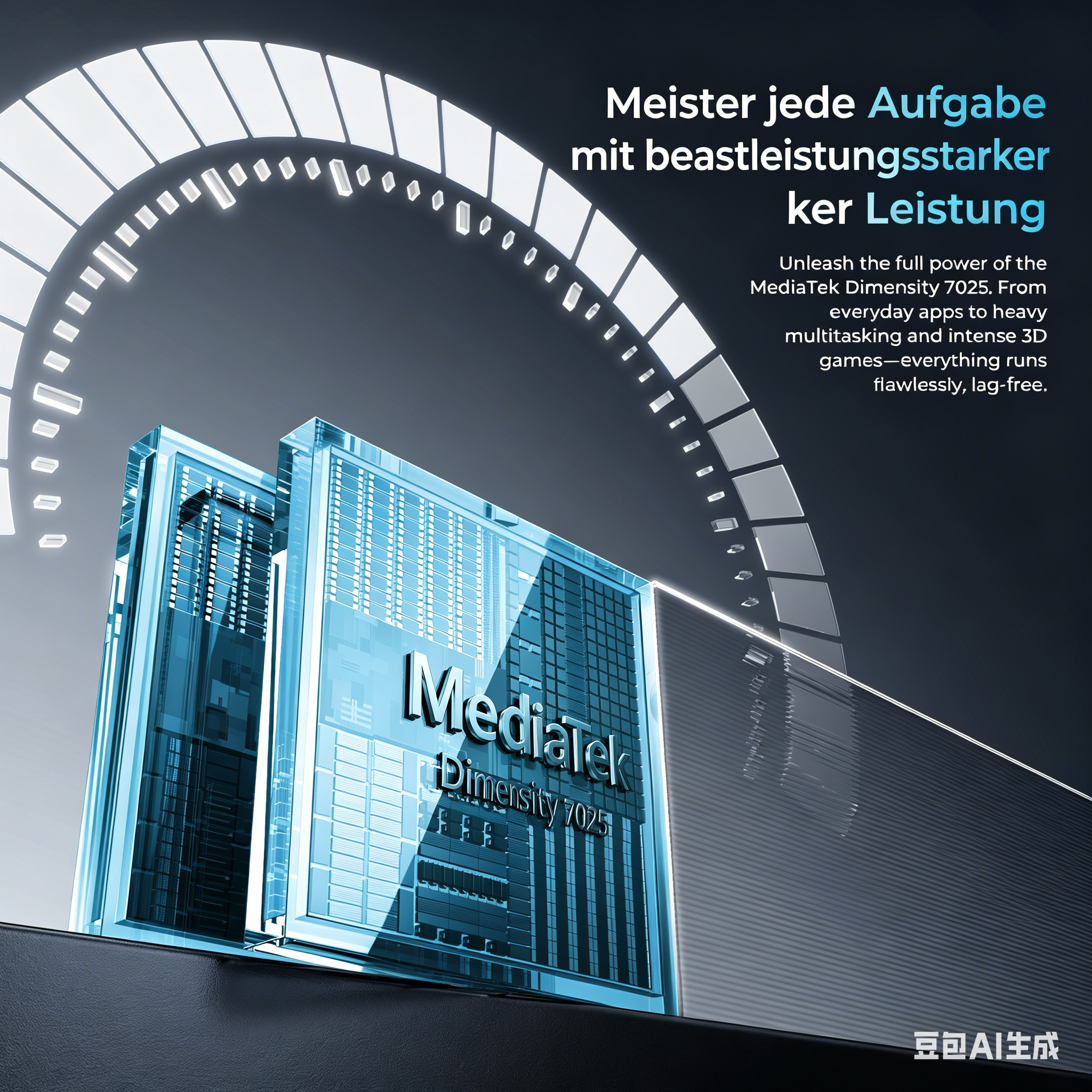 Due chip blu e cristallini "MediaTek Dimensity 7025" su sfondo scuro.