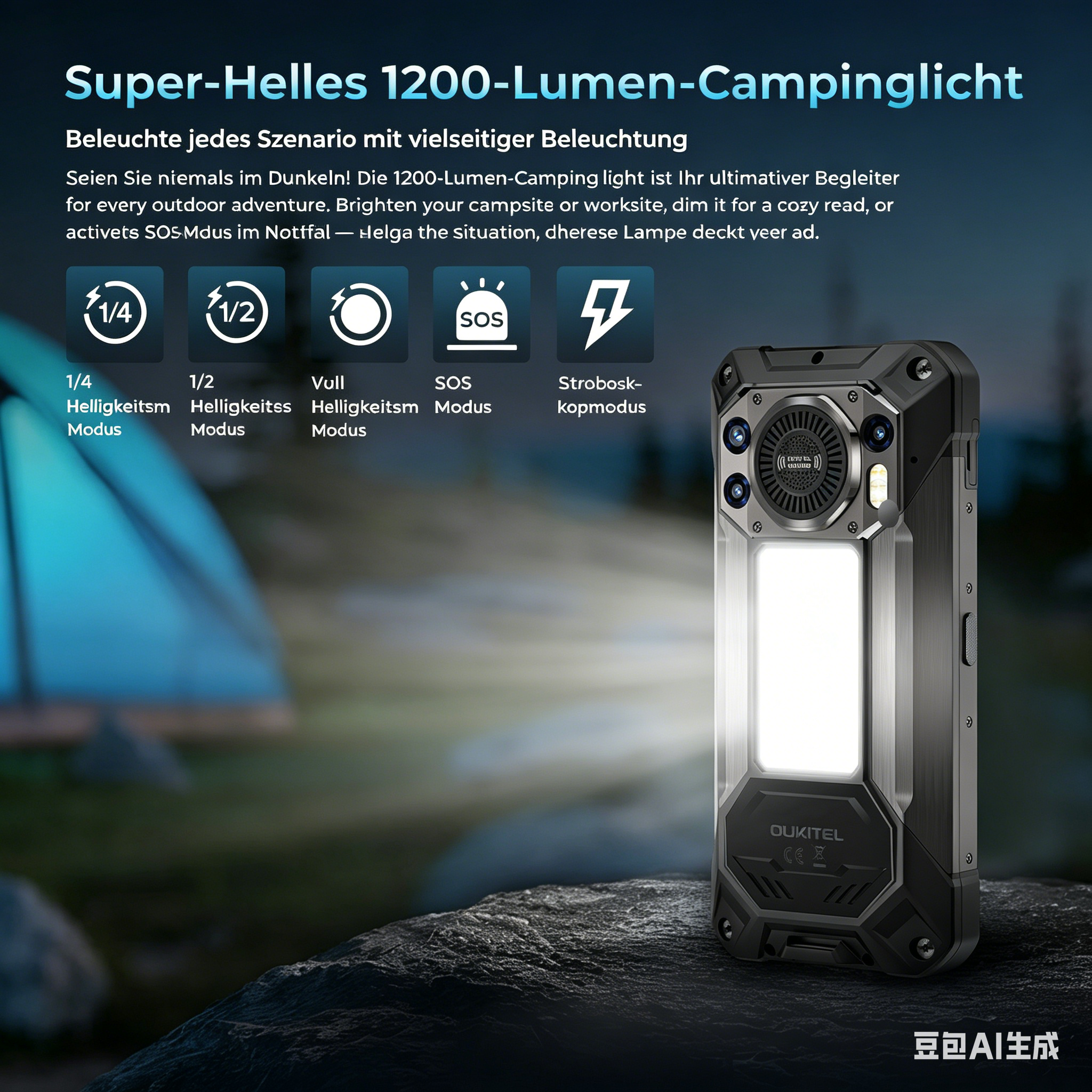 Smartphone robusto con luce da campeggio da 1200 lumen, varie modalità.