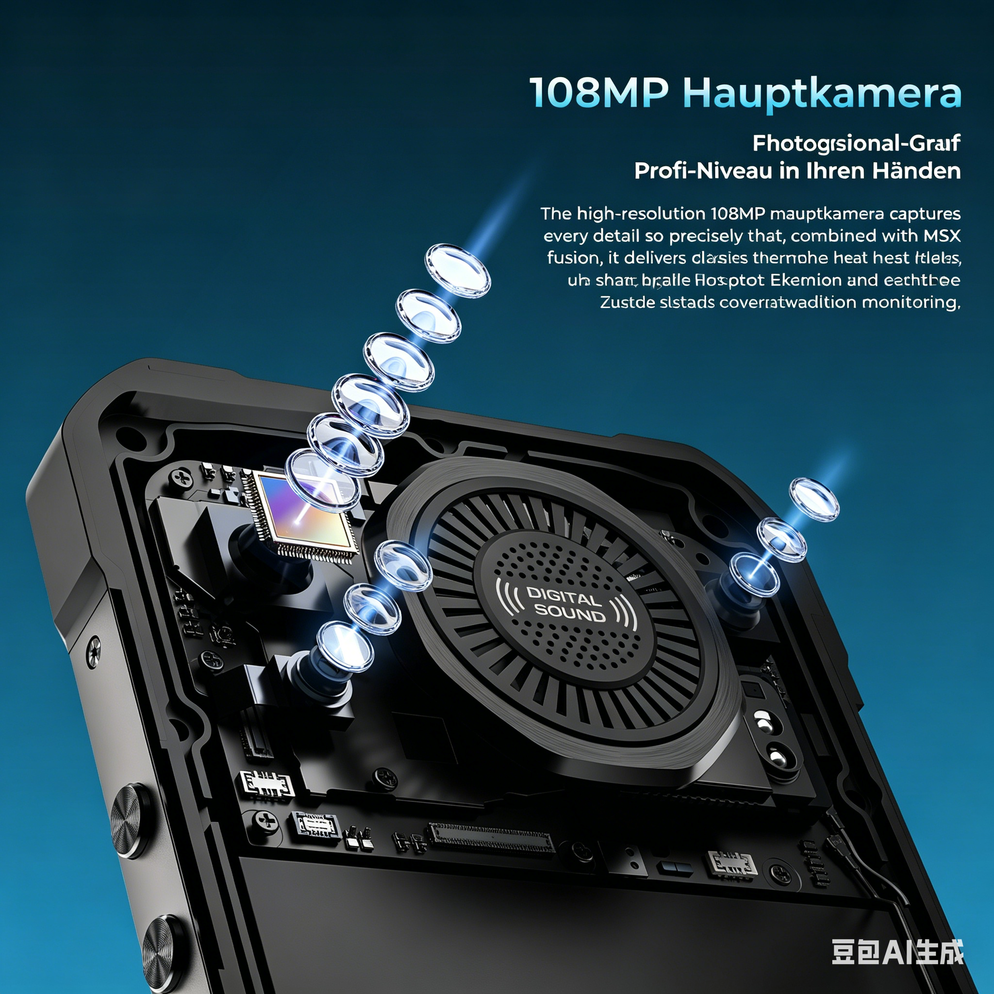 Primo piano di una fotocamera per smartphone con lenti e logo 'Digital Sound'.