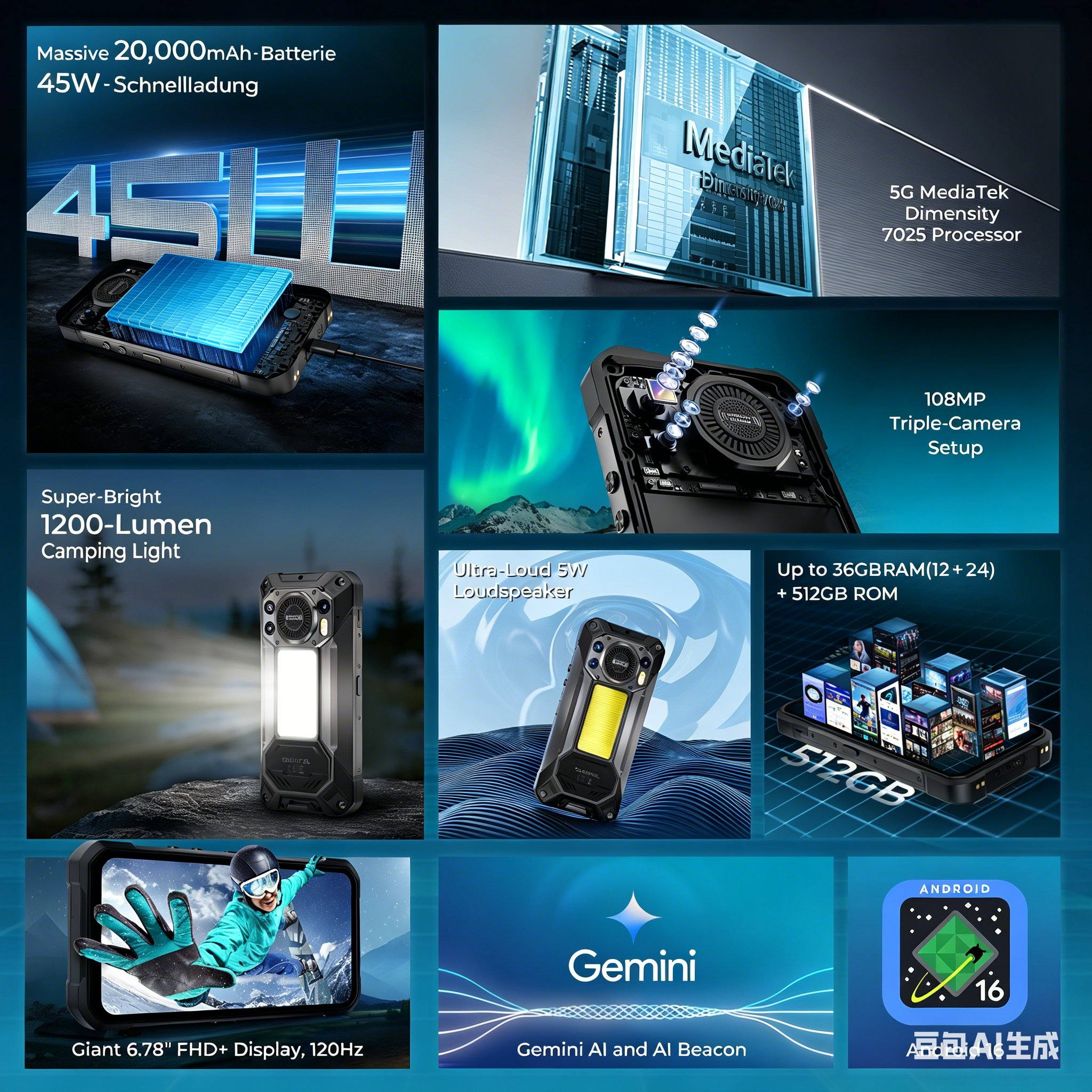 Produktübersicht mit Batterie, Prozessor, Kameras, Licht, Lautsprecher und Display.