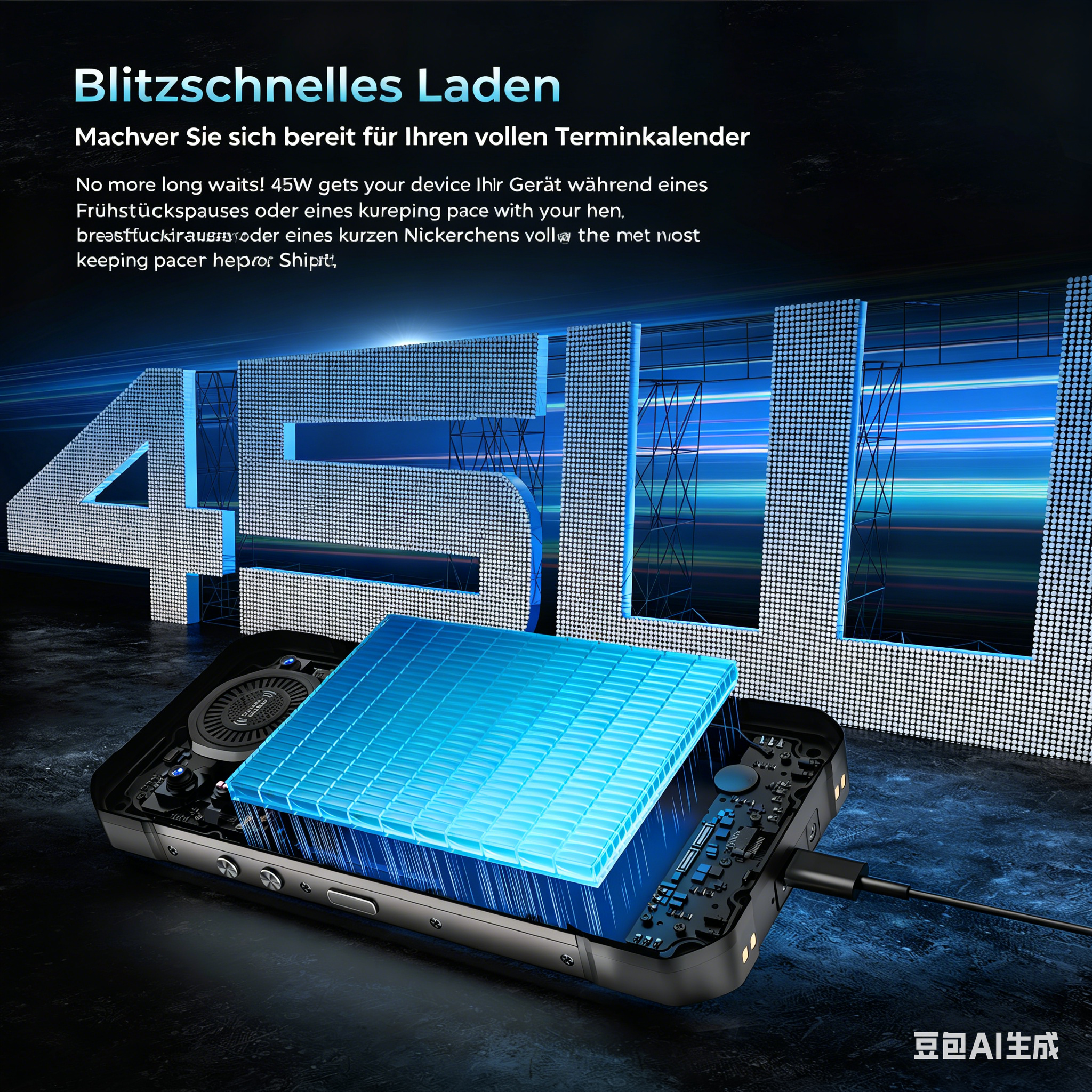 Uno smartphone con batteria blu luminosa accanto a un display digitale gigante del numero 45.
