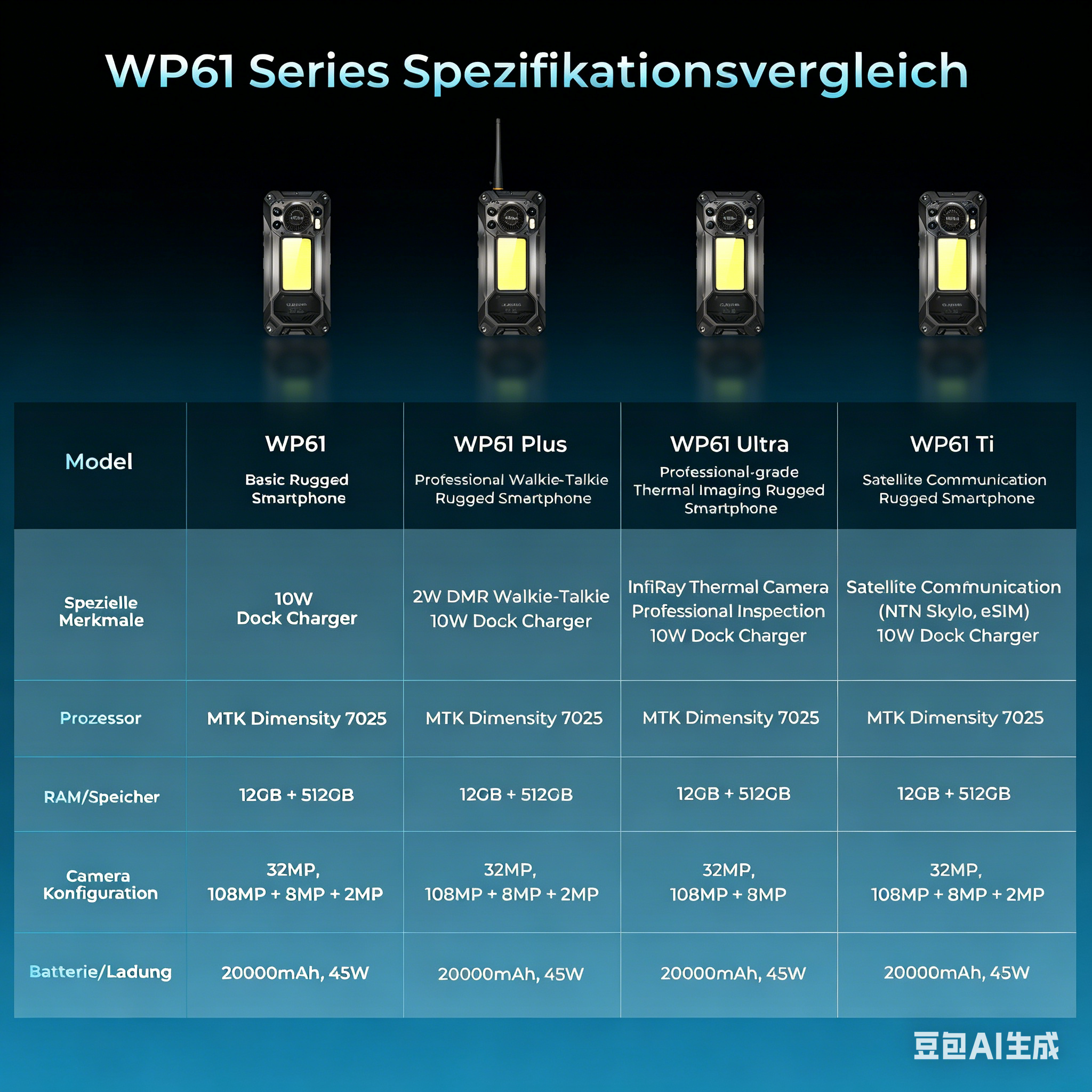 Confronto specifiche serie WP61: modelli, caratteristiche, processore, RAM, fotocamera, batteria.
