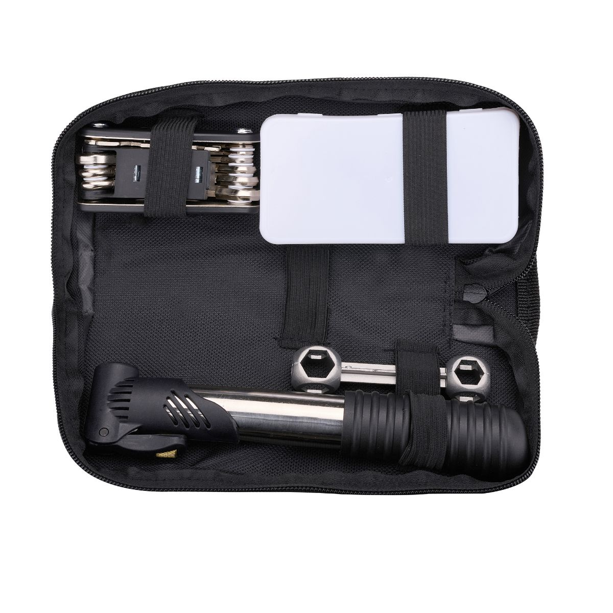 A black tool kit containing a bike pump, multitool, and a white case.