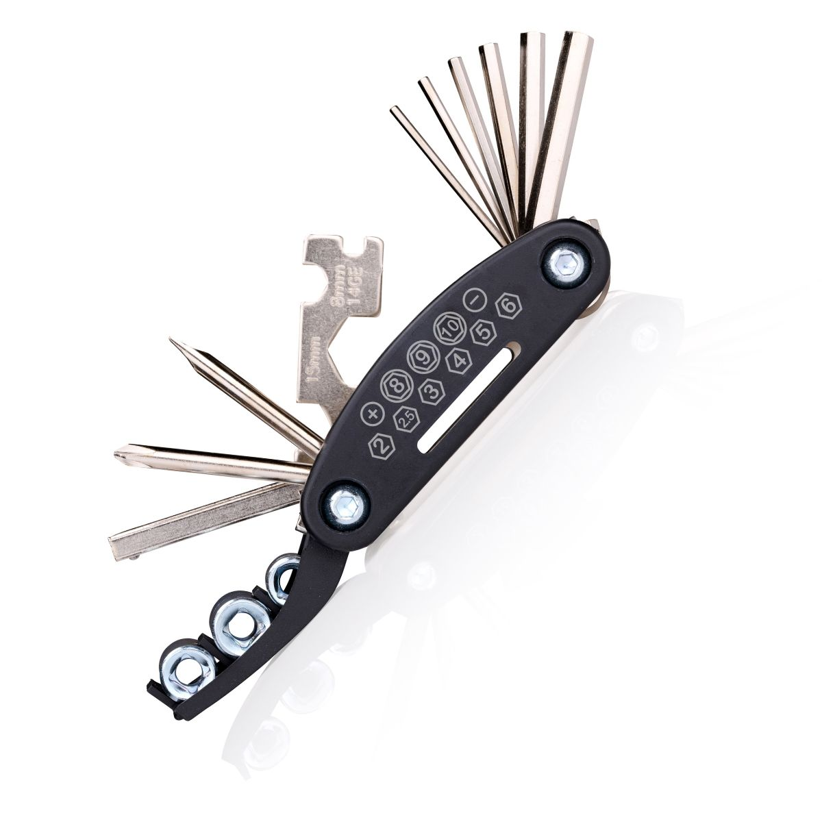 Een zwarte fiets multitool met diverse gereedschappen en moeren.