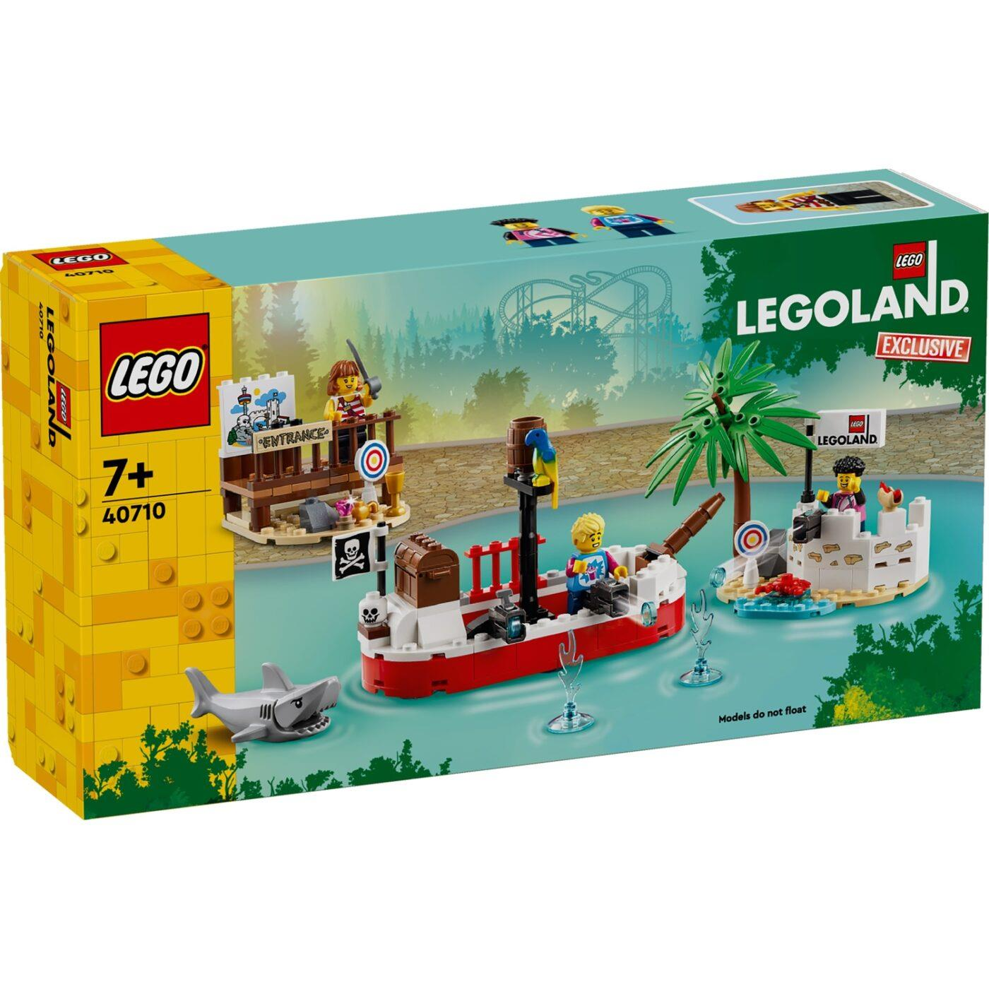 LEGO Legoland korsan seti, tekne, ada, hazine sandığı, köpekbalığı ve figürler içerir.