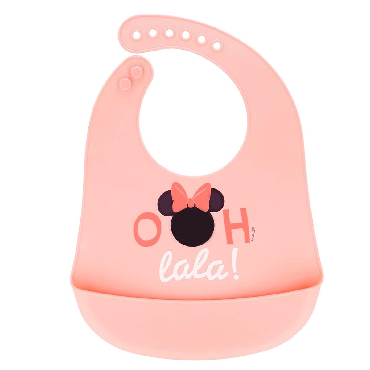 Un bavaglino rosa con orecchie di Minnie Mouse e la scritta "Oh lala!".