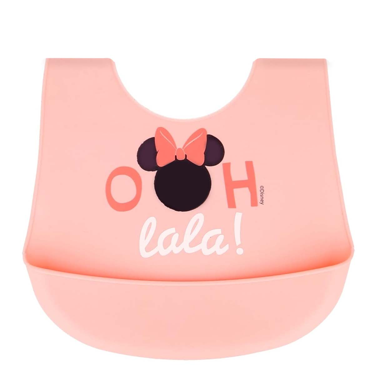 Un bavaglino rosa con Minnie Mouse e la scritta 