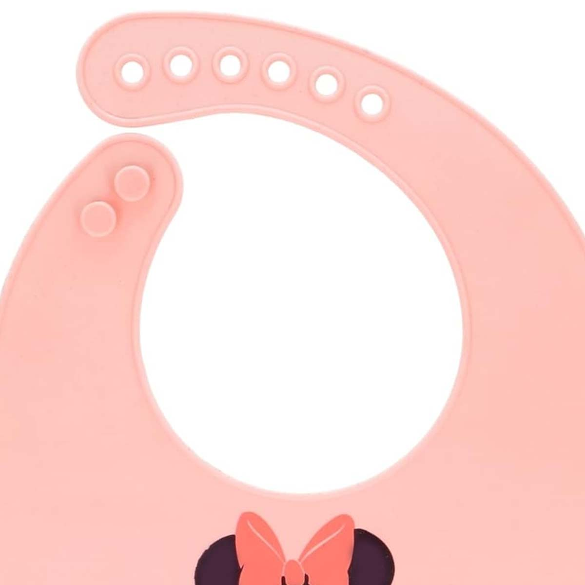 Un bavaglino rosa chiaro con orecchie e fiocco di Minnie Mouse.