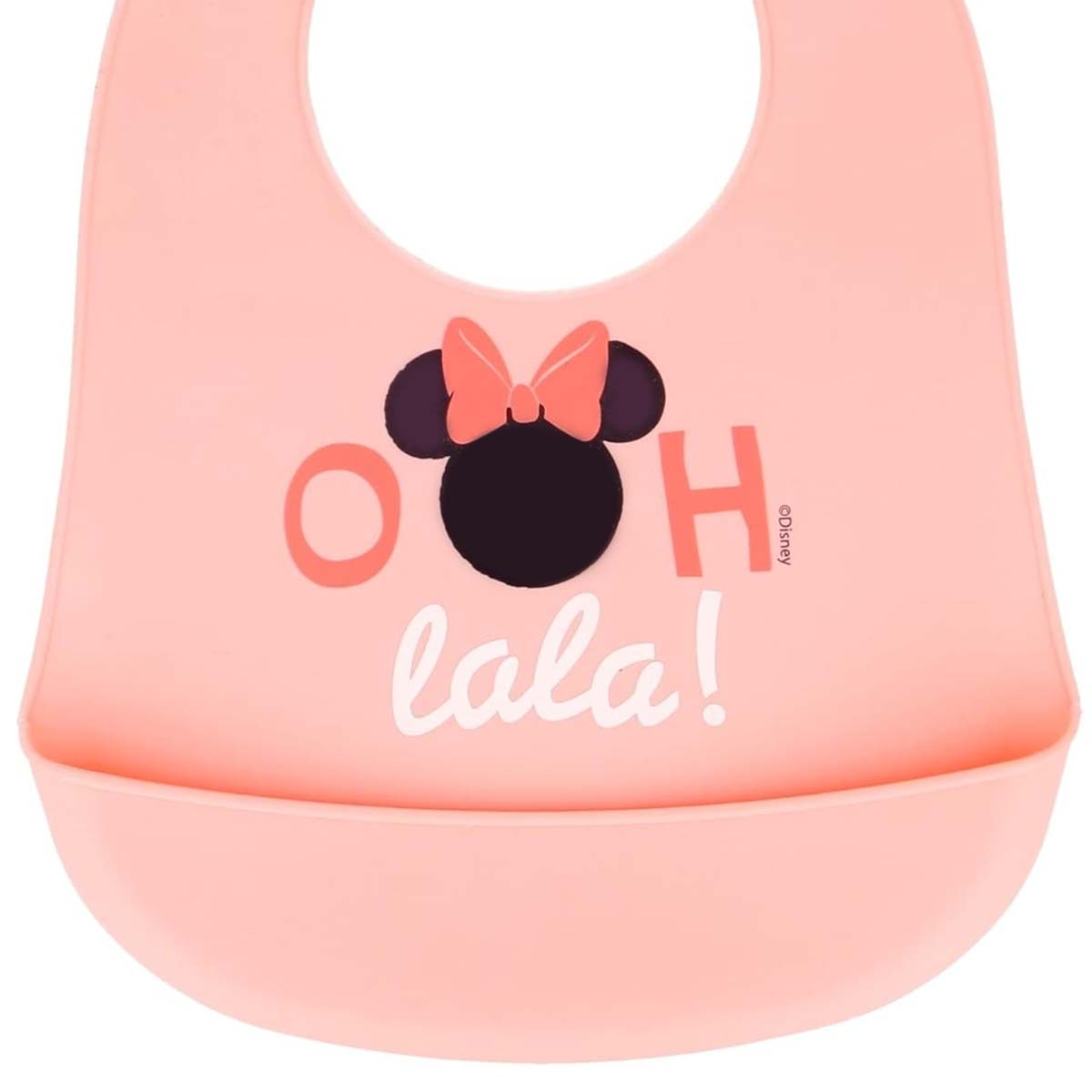Un bavaglino rosa con "Oh lala!" e grafica di Minnie.