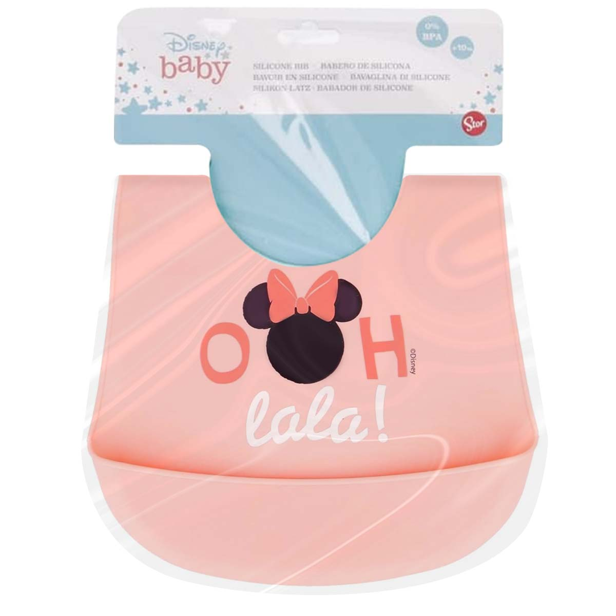 Un bavaglino rosa Disney Baby con Minnie Mouse e la scritta 'Oh lala!'.
