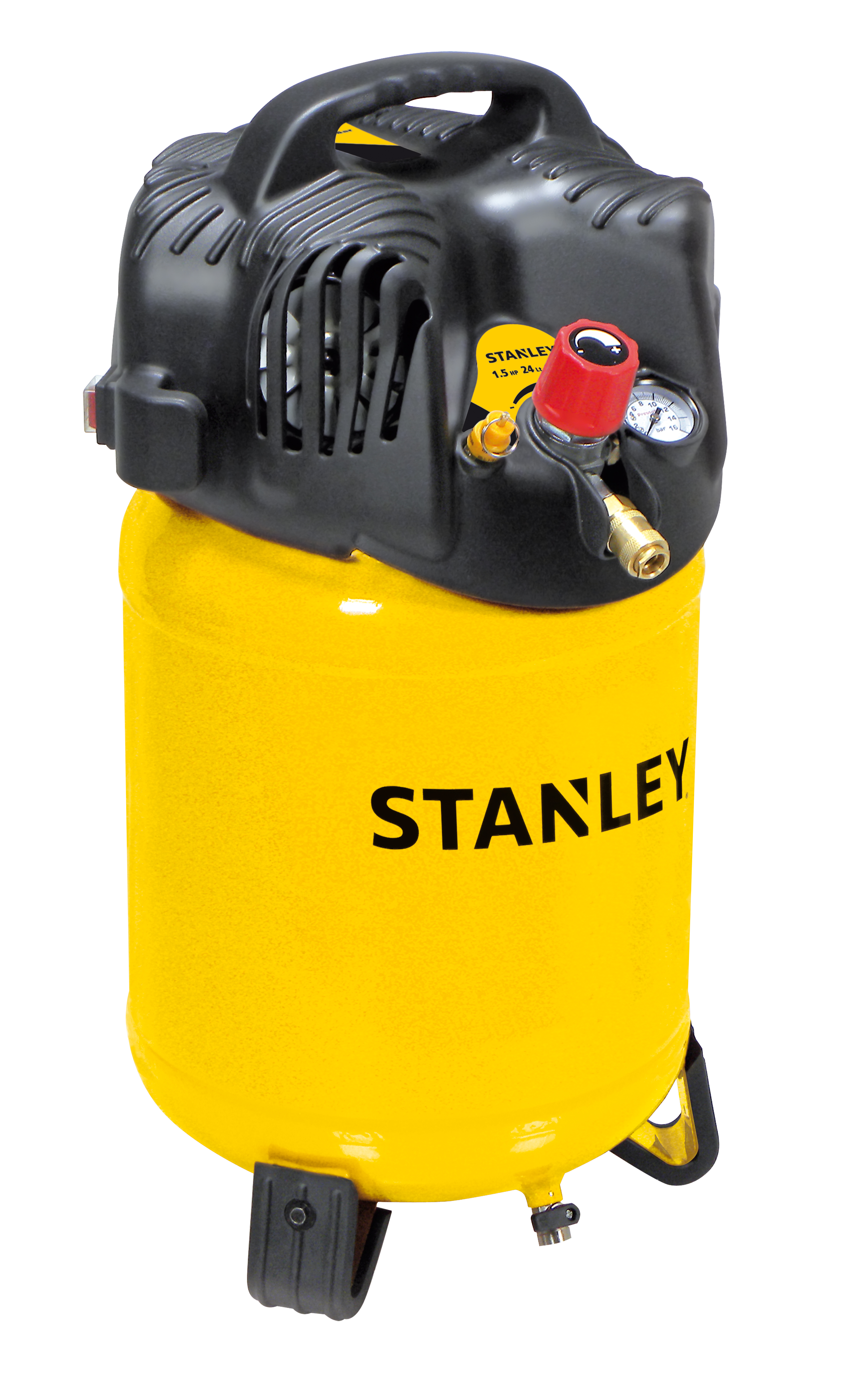 Un compresseur d'air Stanley jaune avec boîtier, poignée et panneau de commande noirs.