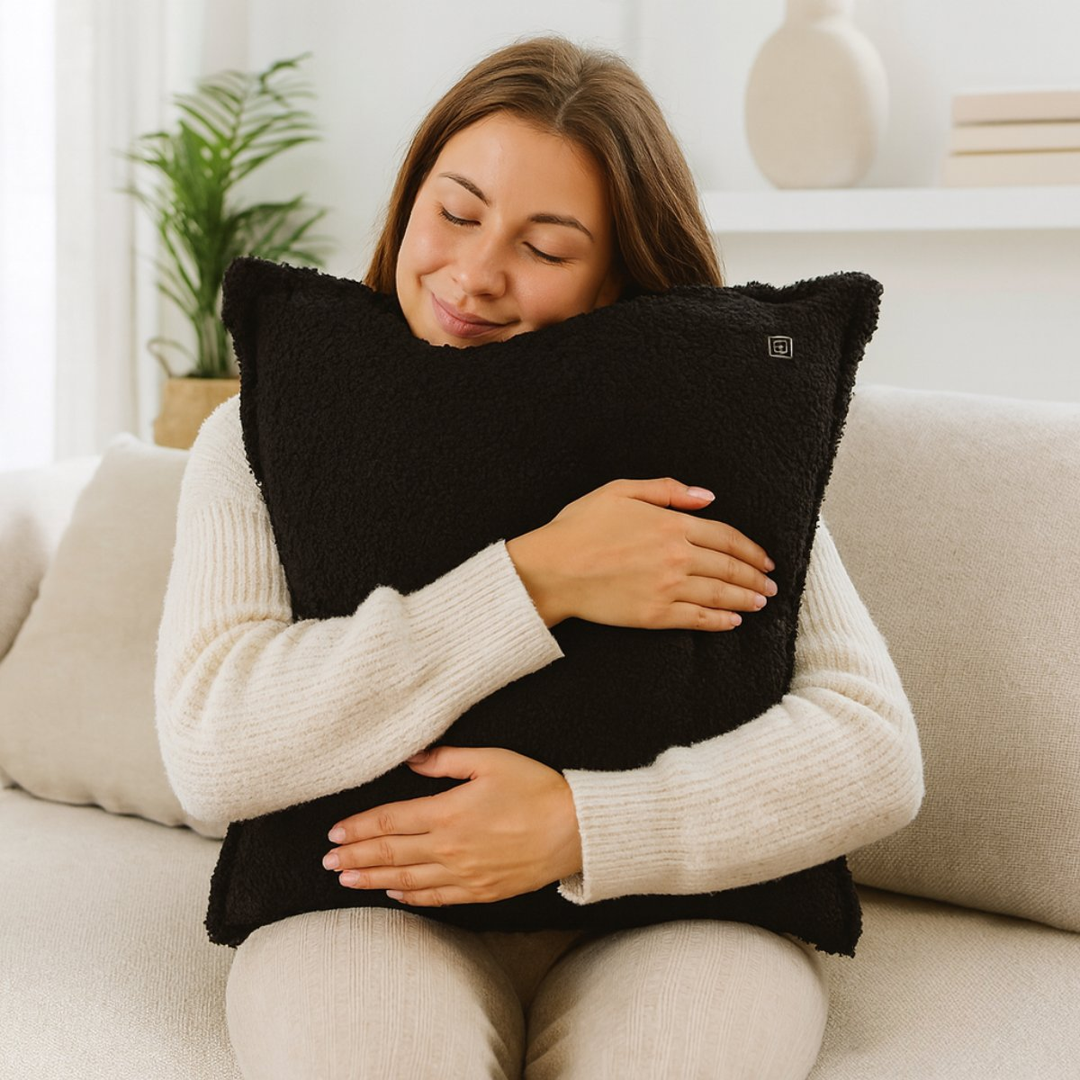 A woman hugs a black pillow while sitting on a couch.