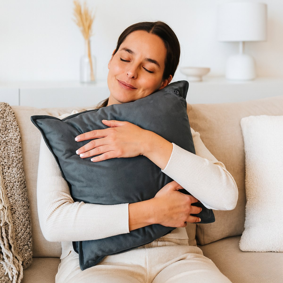 Woman hugging a dark gray pillow on a sofa with eyes closed.