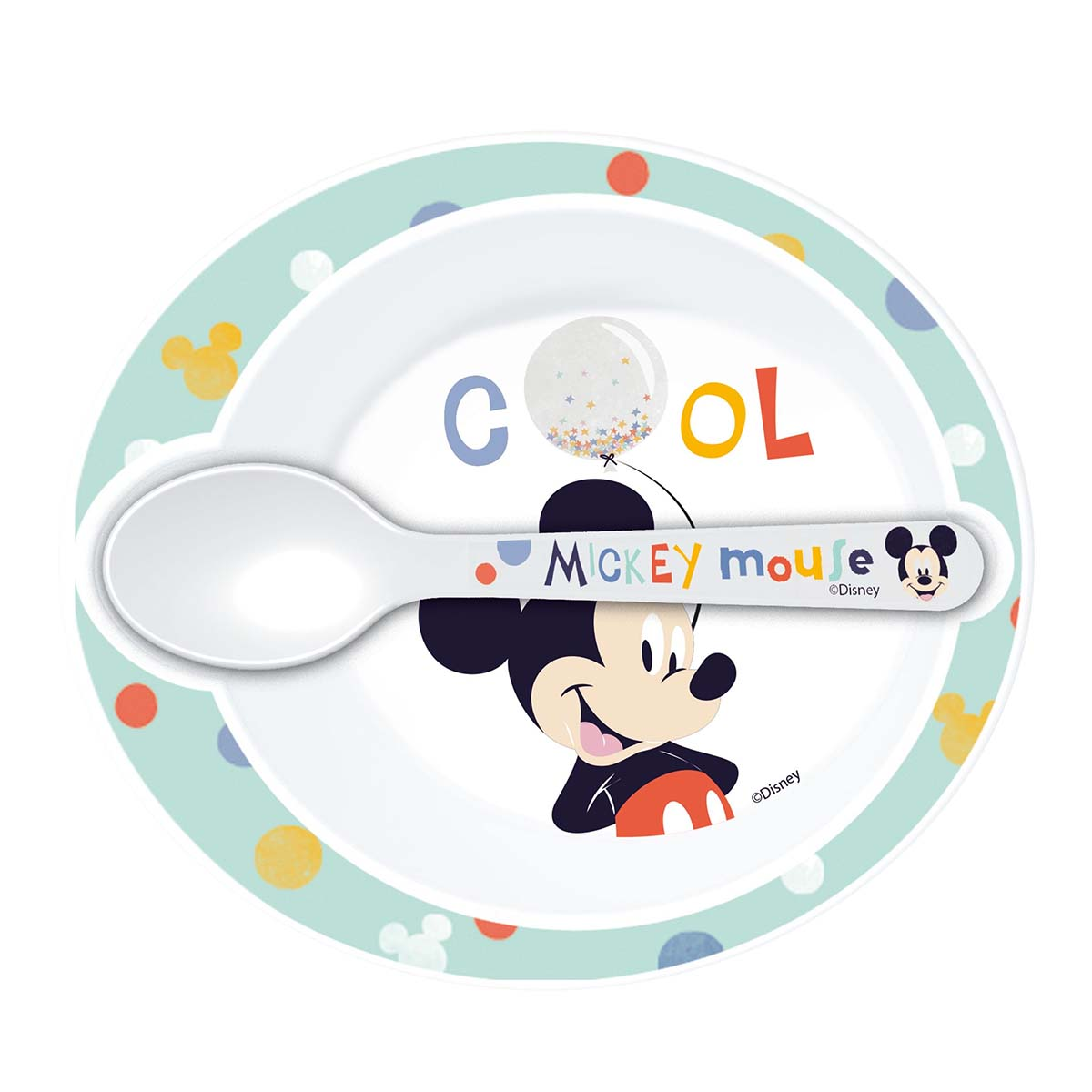 Un piatto e un cucchiaio di Topolino con pois e la scritta "COOL".