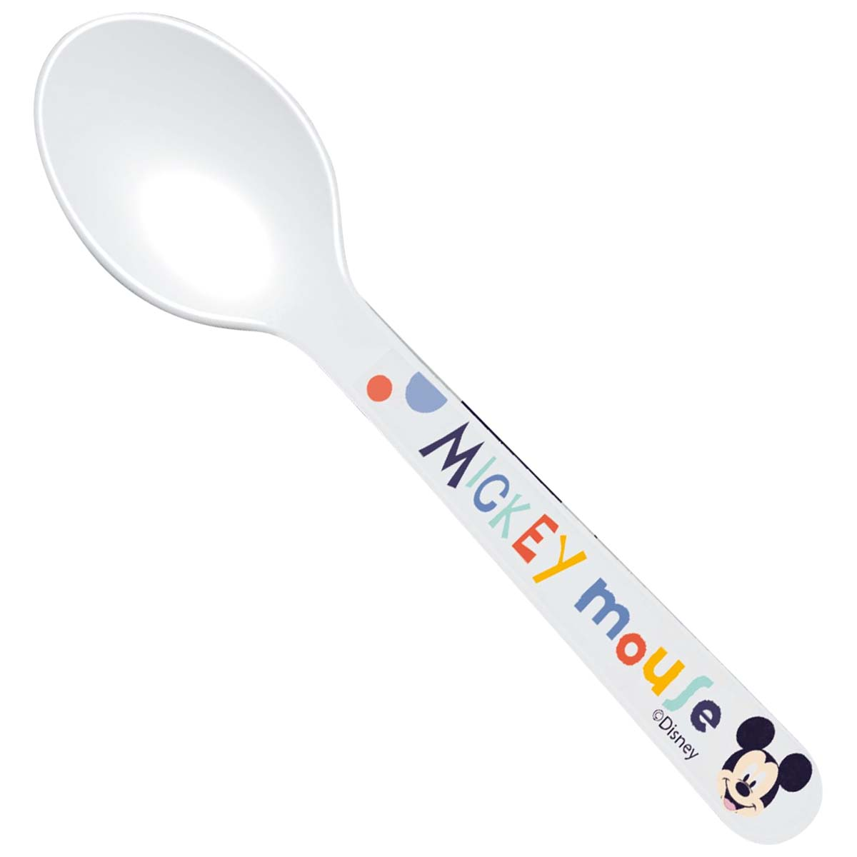 Cucchiaio bianco con testo e immagine di Topolino.