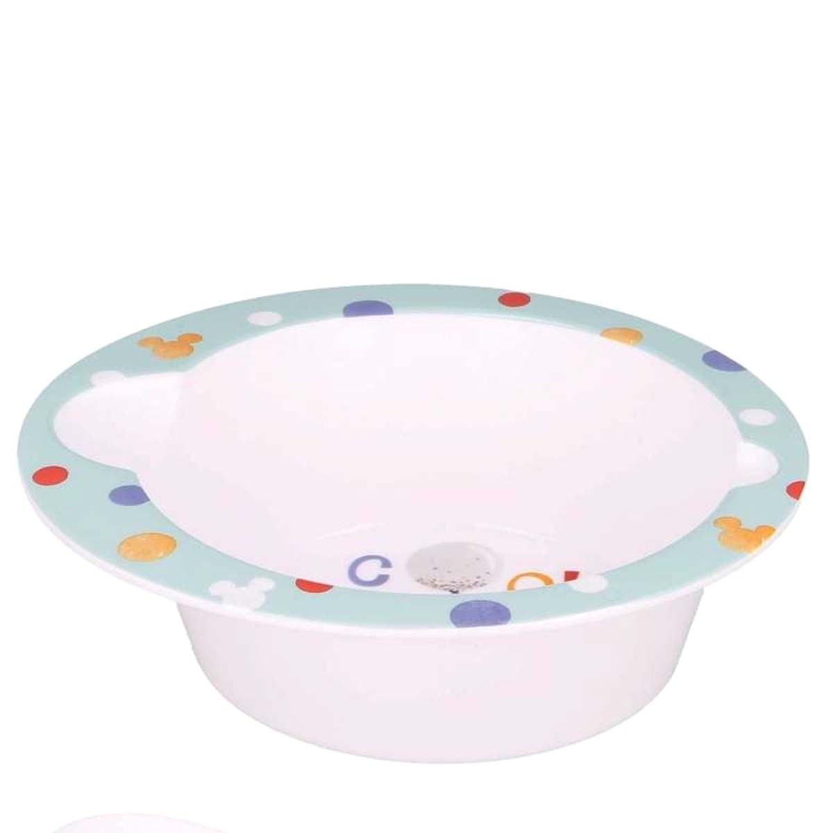 Ciotola azzurra per bambini con accenti di Topolino e pois. Interno bianco.
