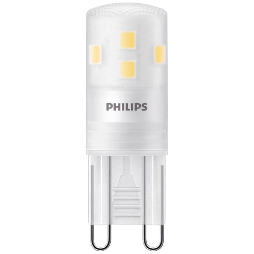 A white Philips LED bulb with a G9 base and visible yellow LEDs inside.