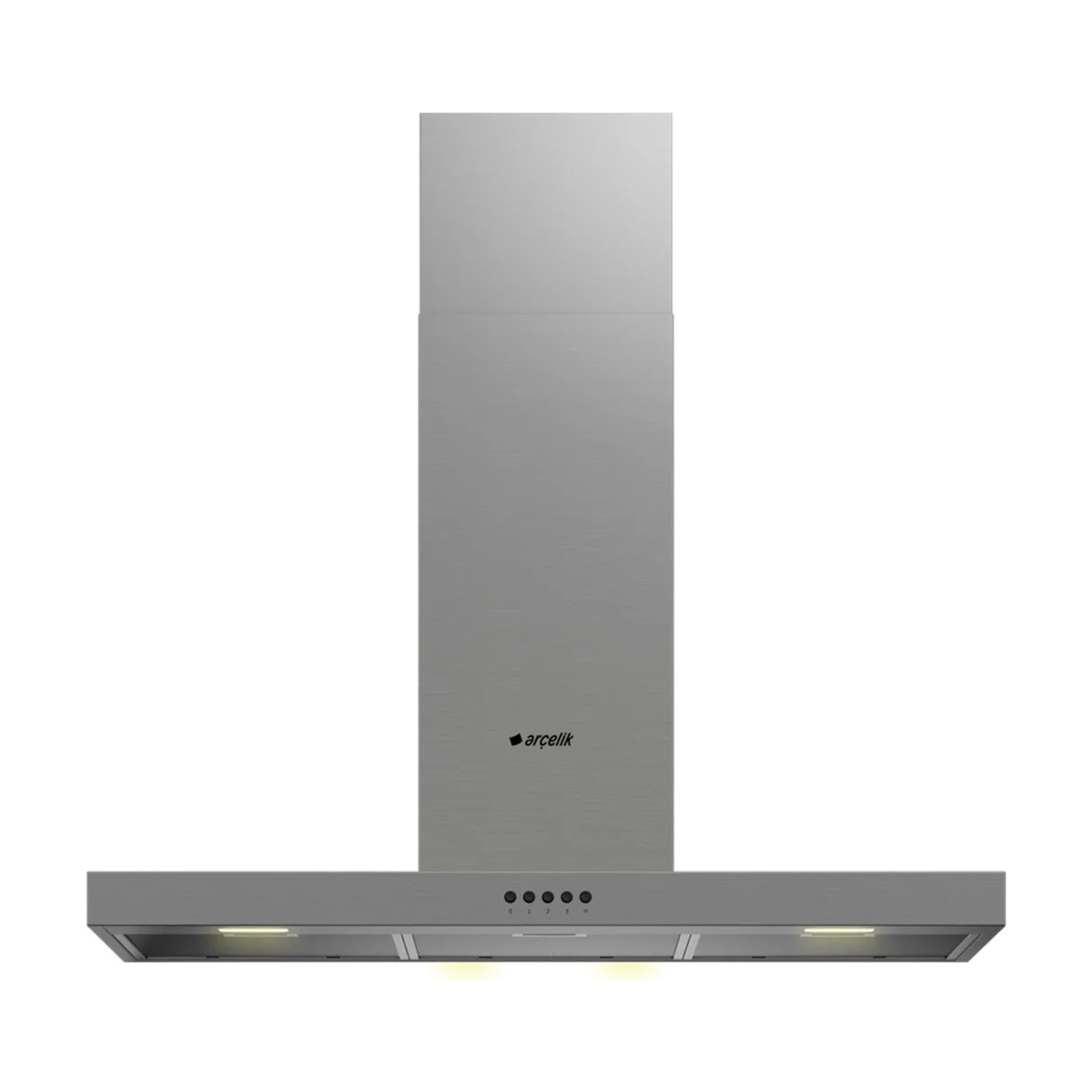 Düğmeler ve ışıklar içeren modern fırçalanmış metal davlumbaz.