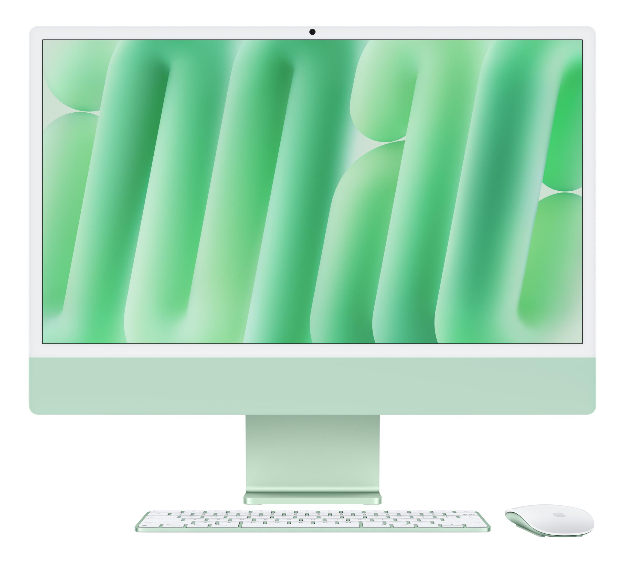 Ein heller iMac in Mintgrün mit Tastatur und Maus auf weißem Hintergrund.