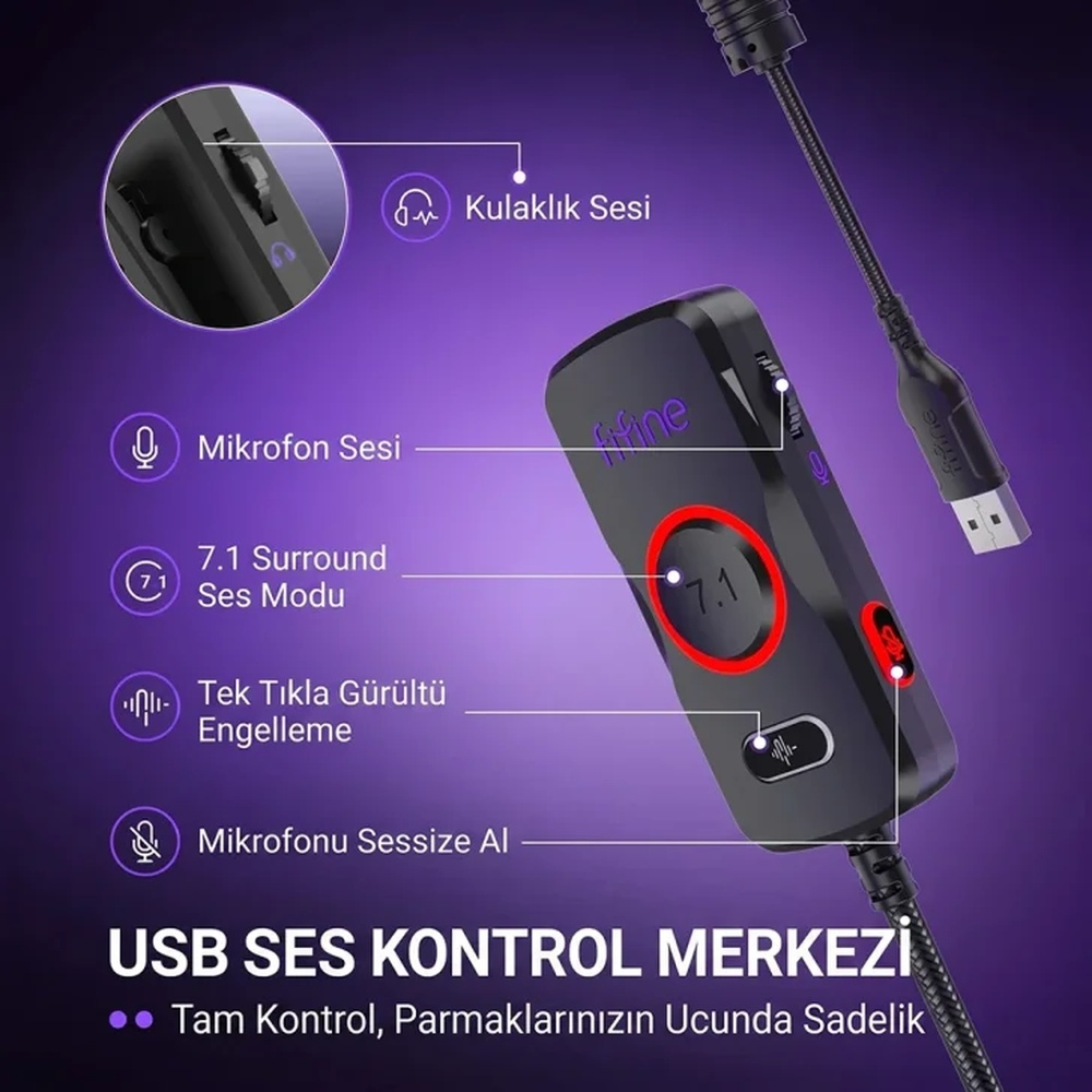 Kırmızı vurgulara ve etiketlere sahip siyah USB ses kartı denetleyicisi.