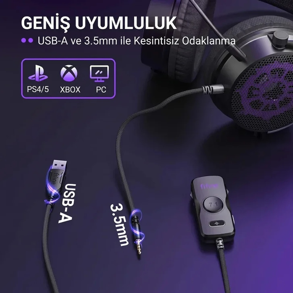 USB-A ve 3,5 mm konektörlü kulaklık ve ayrı kontrolcü.