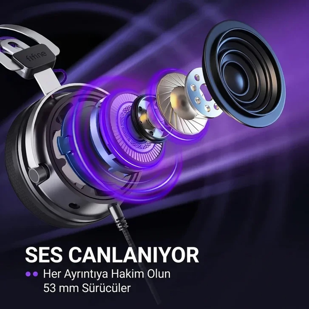 Mor vurgulara ve 53 mm sürücülere sahip kulaklığın patlatılmış görünümü.