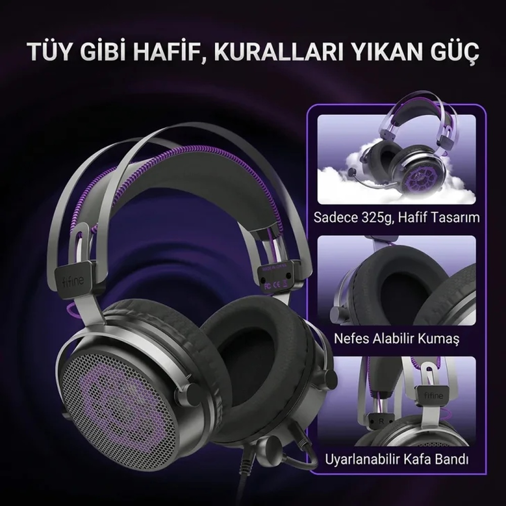 Mikrofonlu gri ve mor oyuncu kulaklığı. Hafif ve ayarlanabilir.