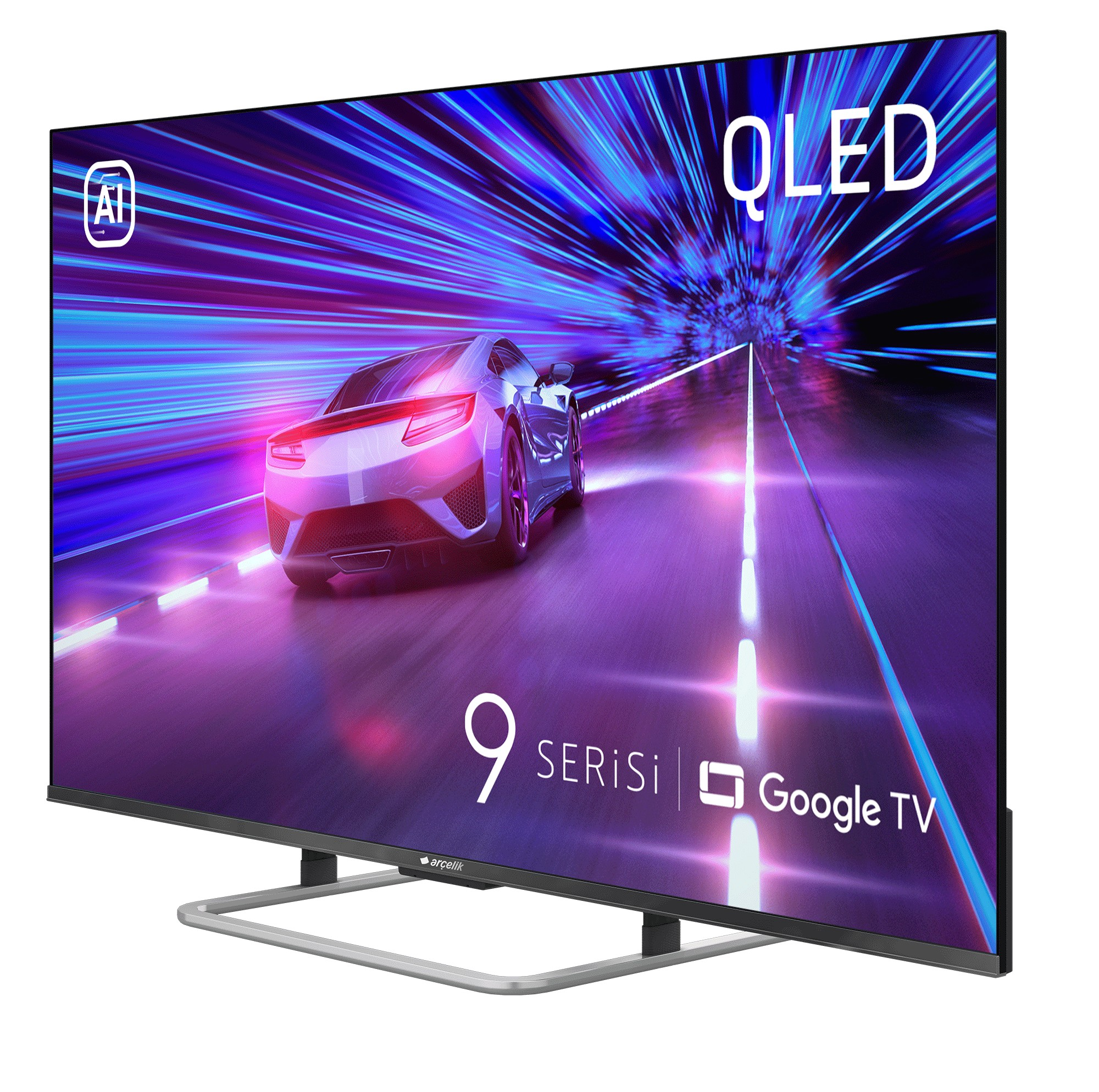 Bir araba üzerinde bir yol gösteren AI logolu QLED TV.