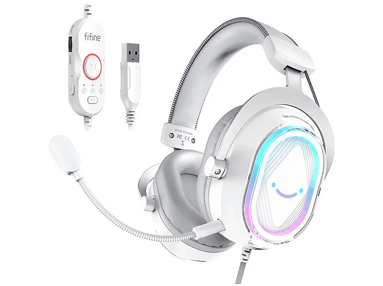 FIFINE Ampligame H13 Mikrofonlu 7.1 RGB Kablolu Oyuncu Kulak Üstü Kulaklık Beyaz