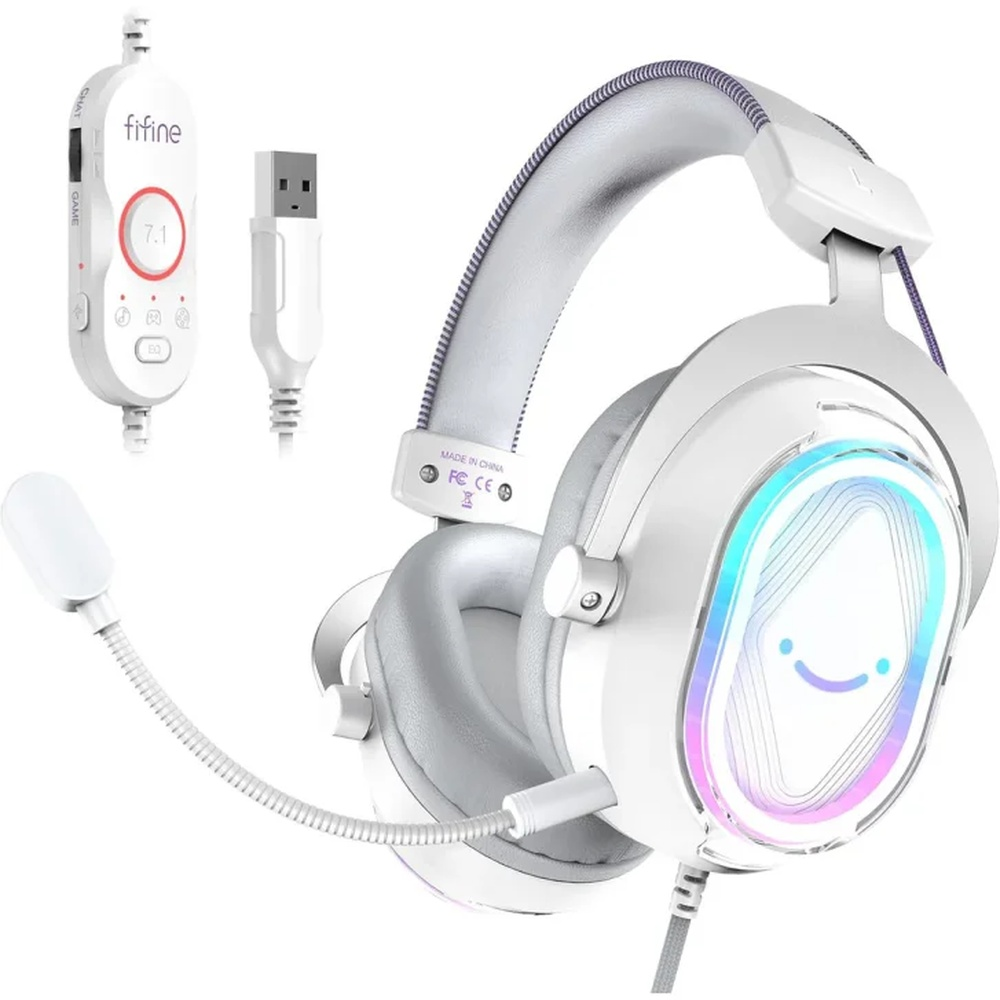 FIFINE Ampligame H13 Mikrofonlu 7.1 RGB Kablolu Oyuncu Kulak Üstü Kulaklık Beyaz