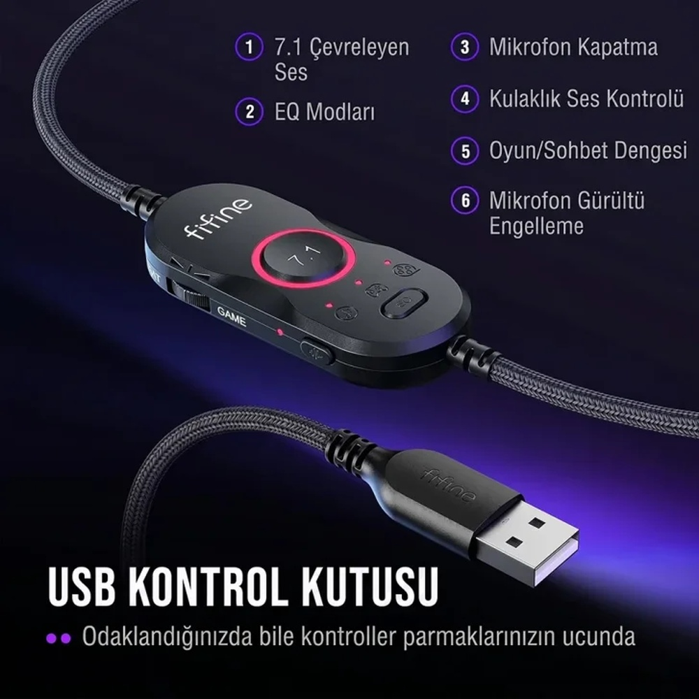 7.1 sembolü ve düğmeleri olan siyah bir Fifine USB ses denetleyicisinin yakın çekimi.