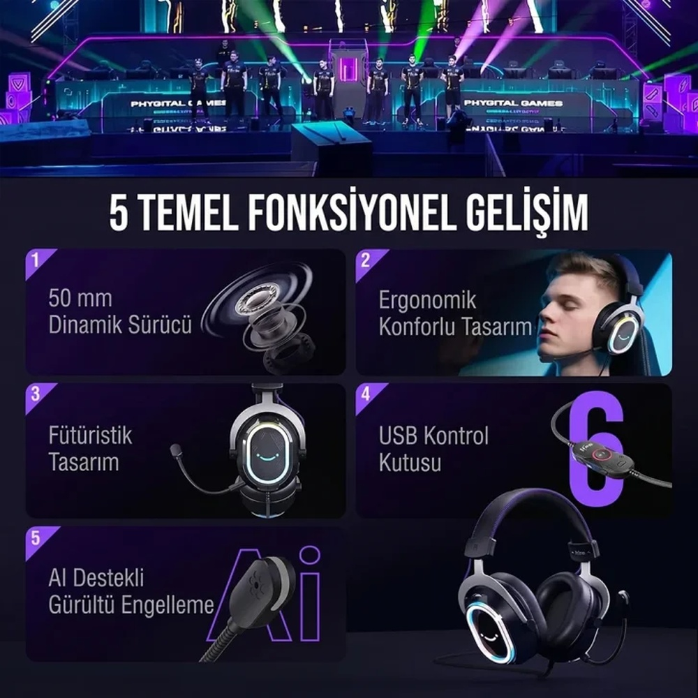 Oyun kulaklığı özellikleri: 50mm sürücü, ergonomik, fütüristik tasarım, USB kontrolü, yapay zeka gürültü engelleme.