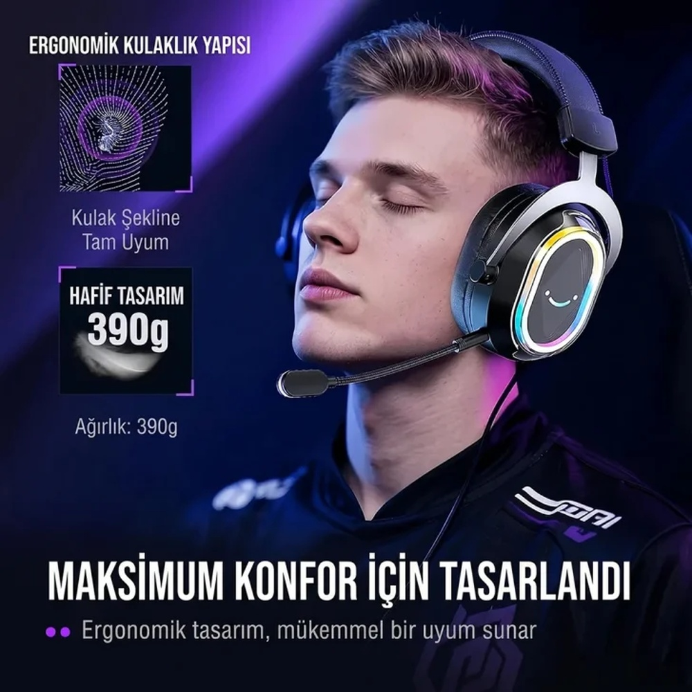 Gözleri kapalı bir adam mikrofonlu kulaklık takıyor. Metin ergonomiyi ve hafifliği vurguluyor.