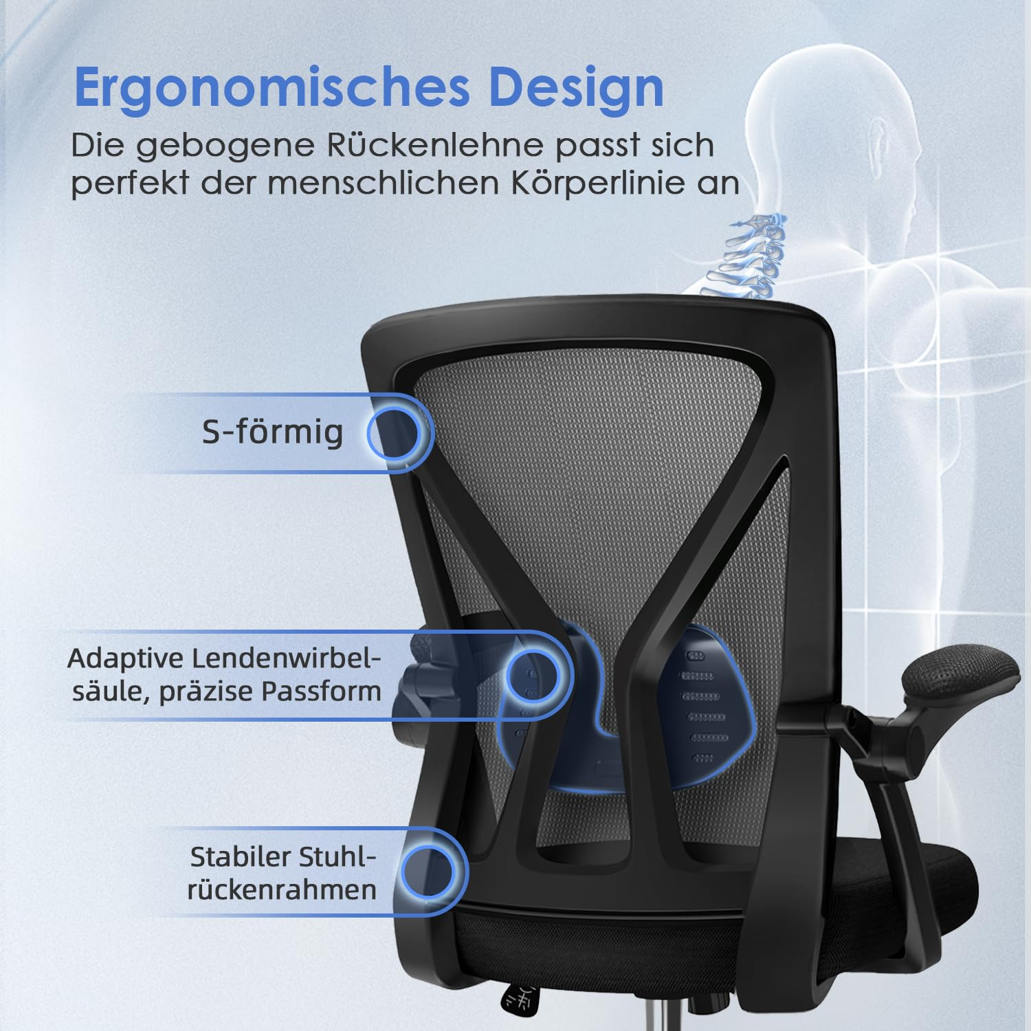 Ergonomischer Bürostuhl mit Netzrückenlehne und Lendenwirbelstütze.