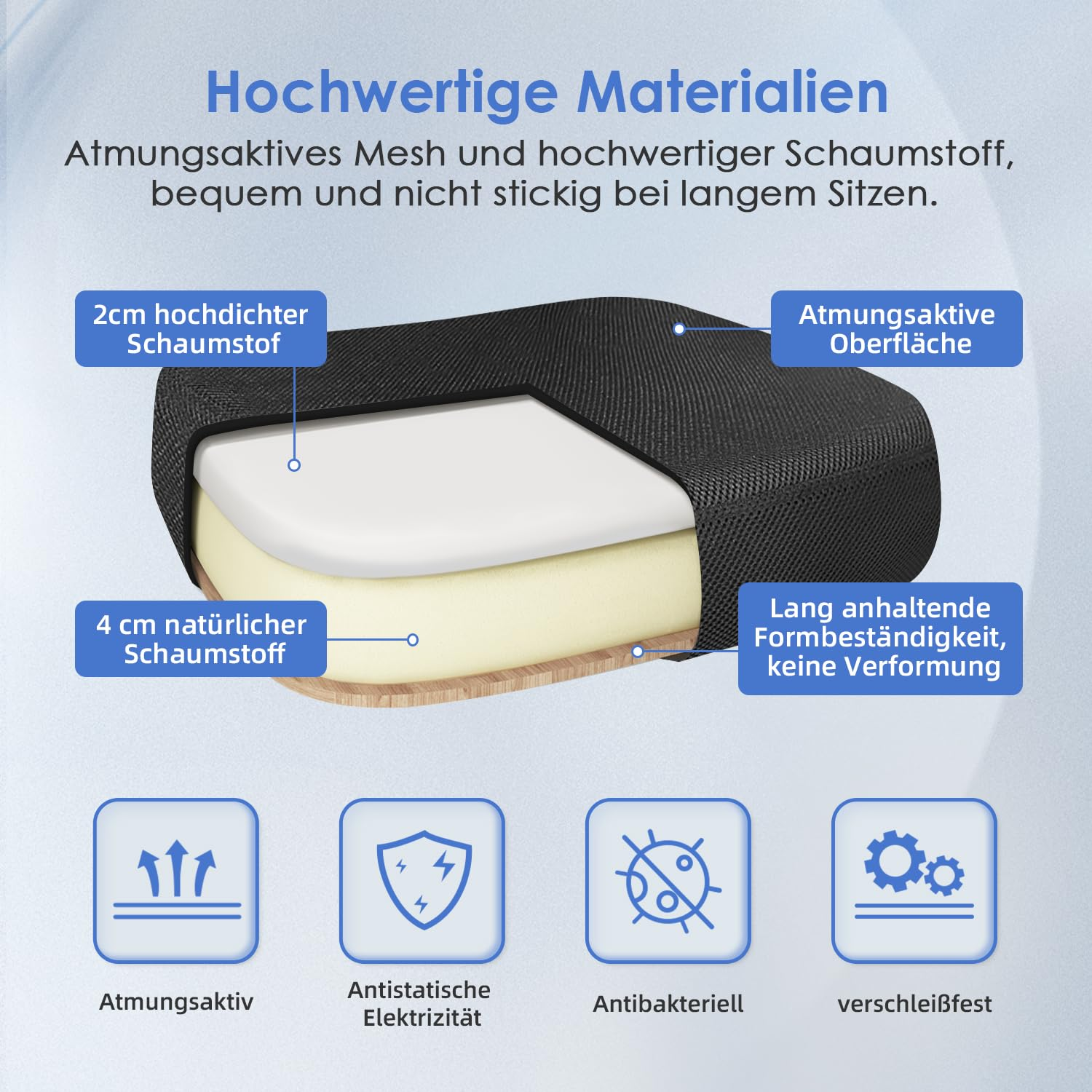 Hochwertige Materialien: atmungsaktives Mesh und Schaumstoff für Komfort.