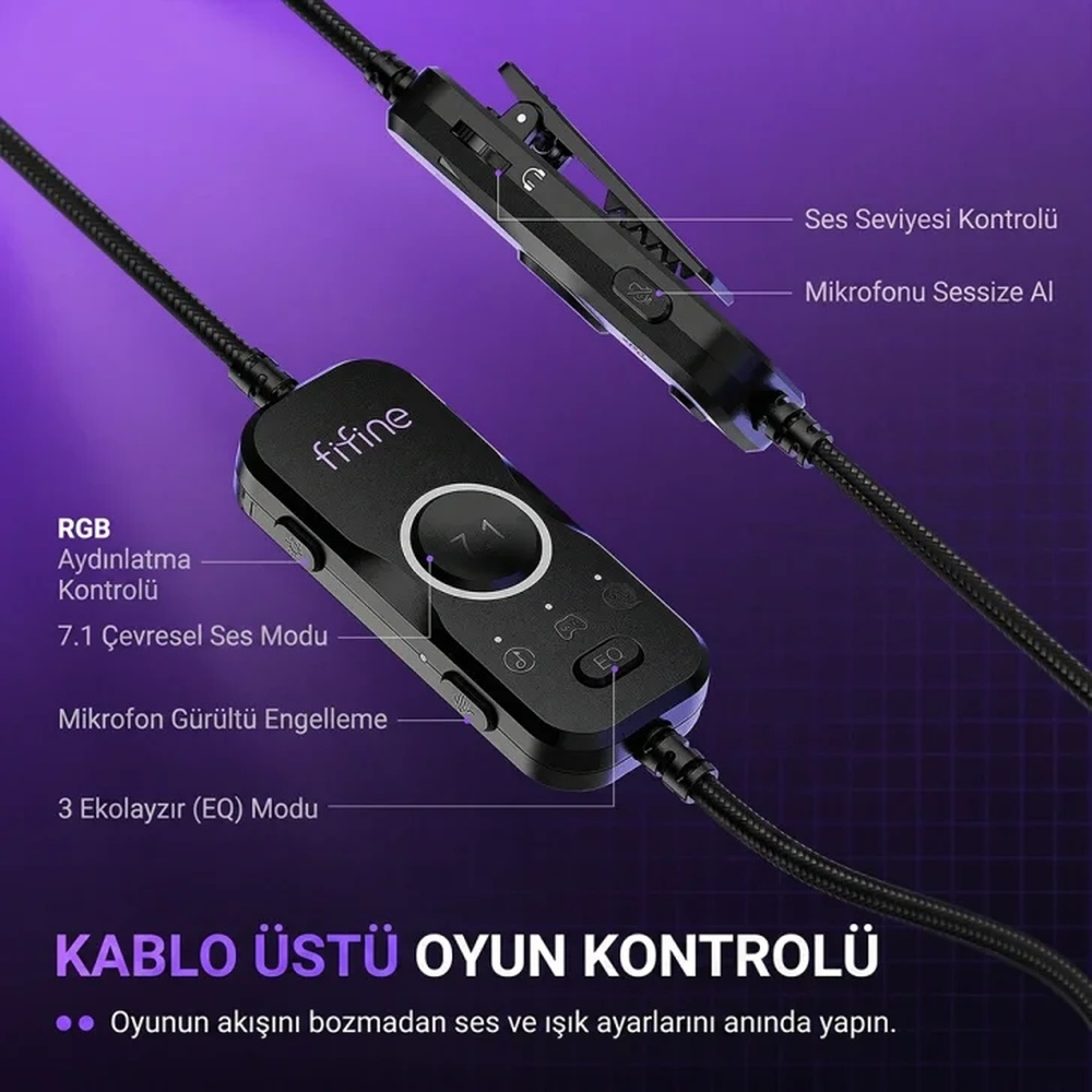 RGB, 7.1 ses, mikrofon sessize alma ve EQ düğmeli siyah kablo üstü kontrolcü.