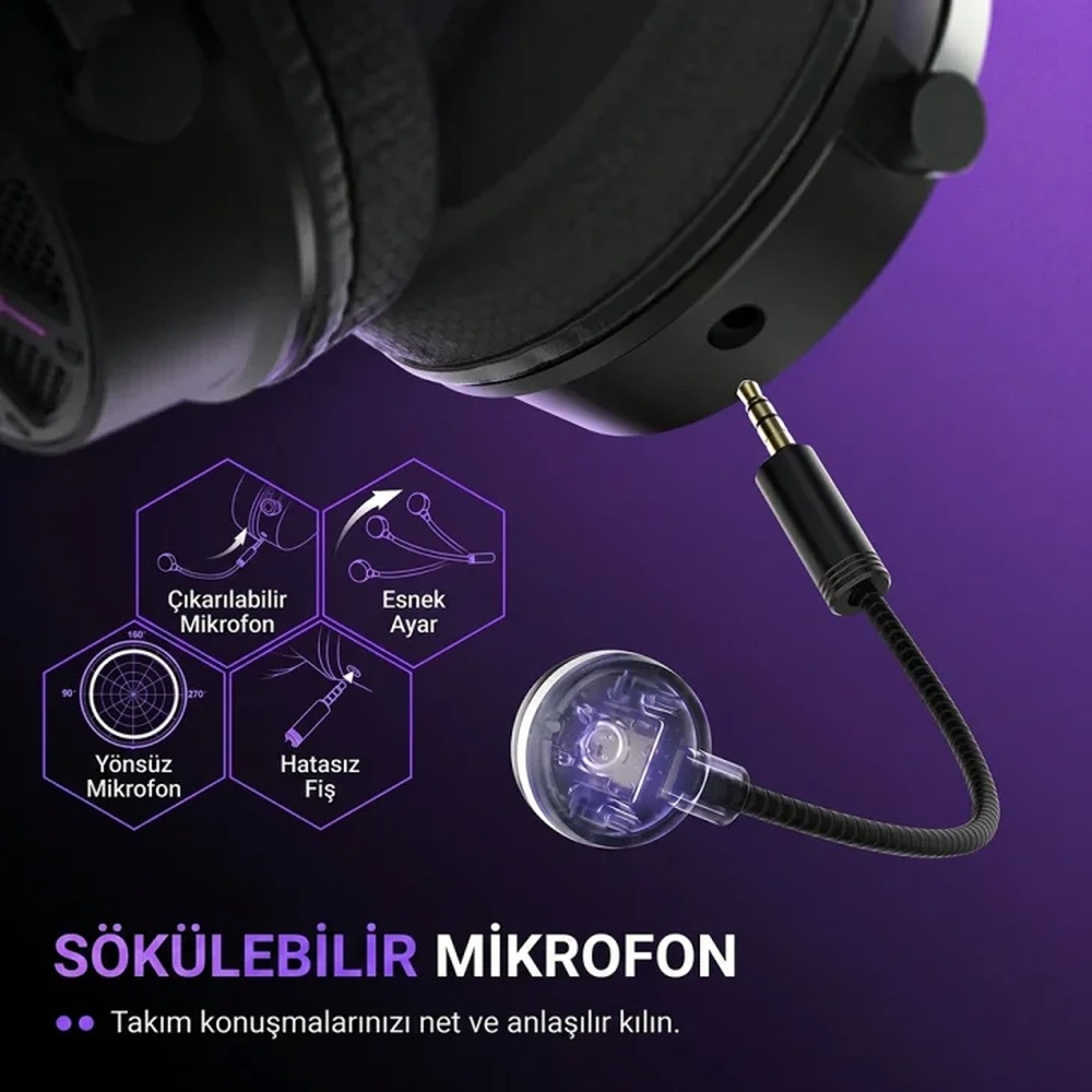 Mor arka plan üzerinde çıkarılabilir mikrofonlu ve ses jaklı siyah kulaklık.