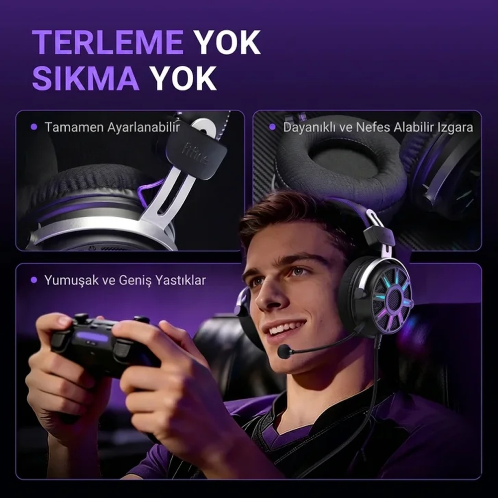 Genç adam kulaklık takmış, mikrofonlu ve oyun oynuyor.
