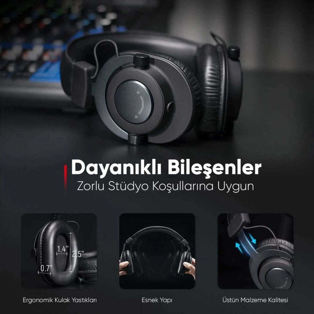 Özellikleri vurgulayan, birden çok açıdan gösterilen siyah kulaklık.