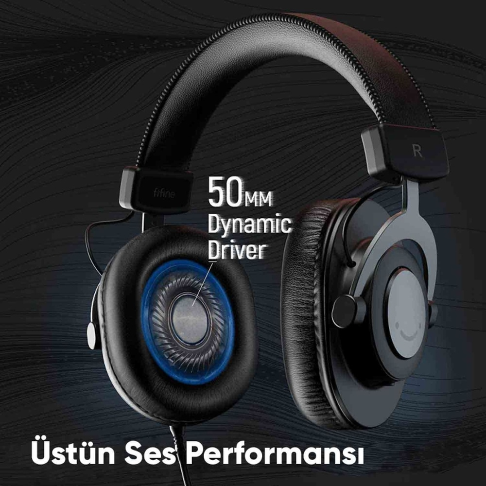 50 mm sürücülü ve mavi halkalı siyah kulaklık. Metin: Üstün Ses Performansı.