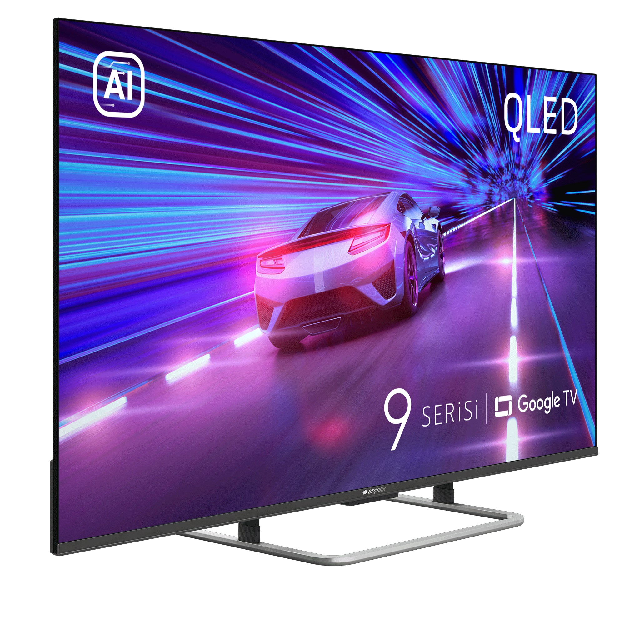 AI logolu QLED TV, neon ışıklı yolda bir araba gösteriyor.