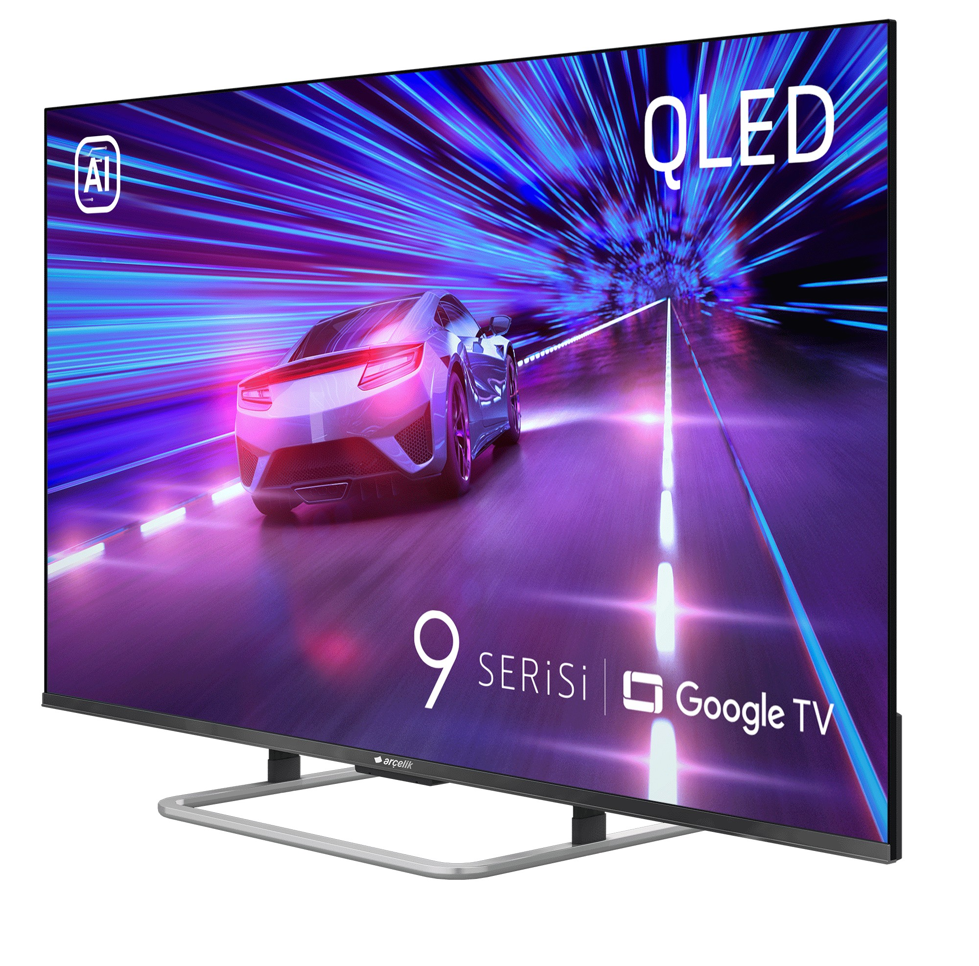 QLED TV, mor ve mavi ışık şeritli yolda fütüristik bir araba gösteriyor.