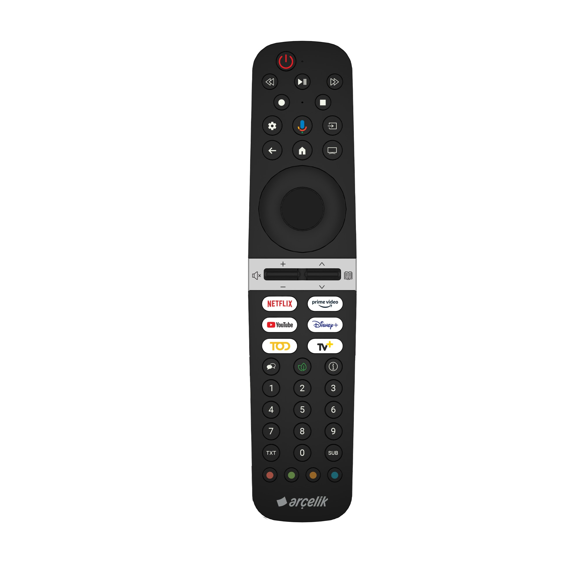 Netflix, YouTube ve Disney+ düğmeli siyah kumanda.
