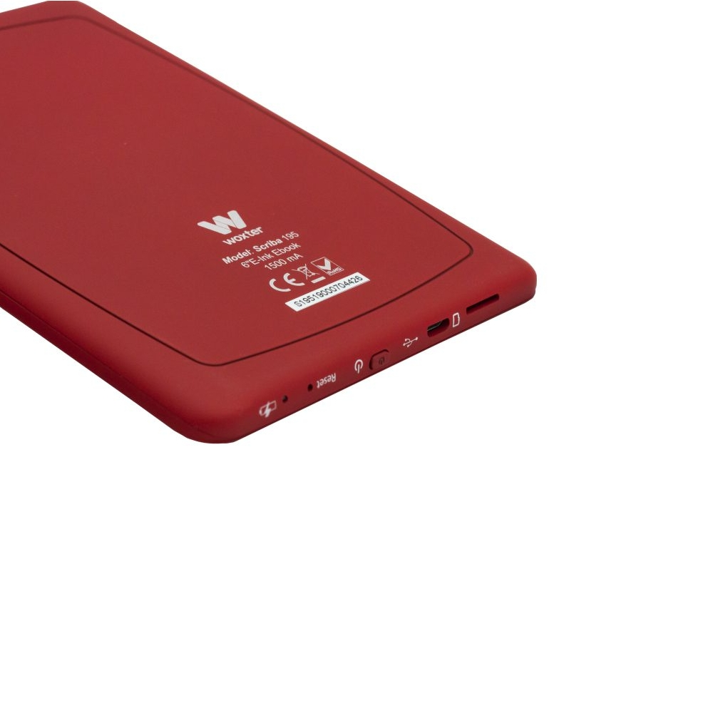 Libro electrónico rojo con texto y puertos en el lateral.