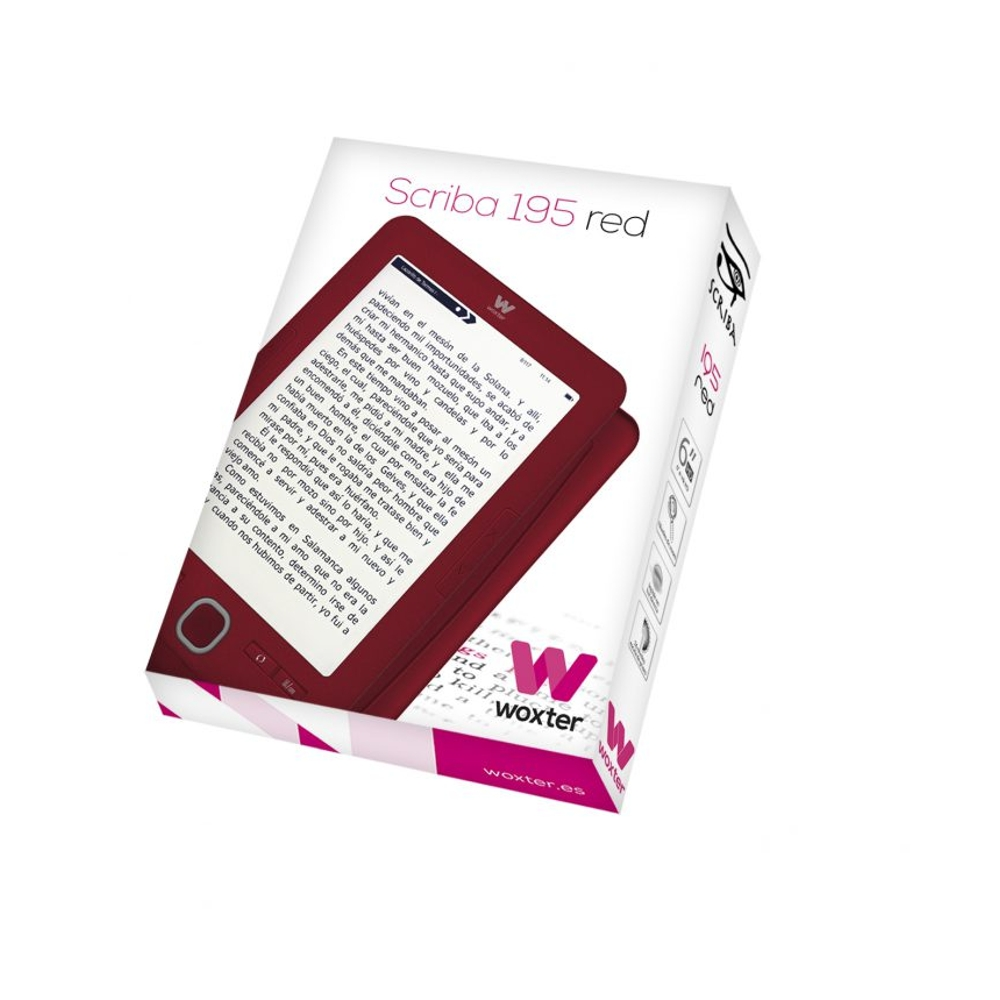 Un lector de libros electrónicos rojo llamado Scriba 195 red en su empaque.