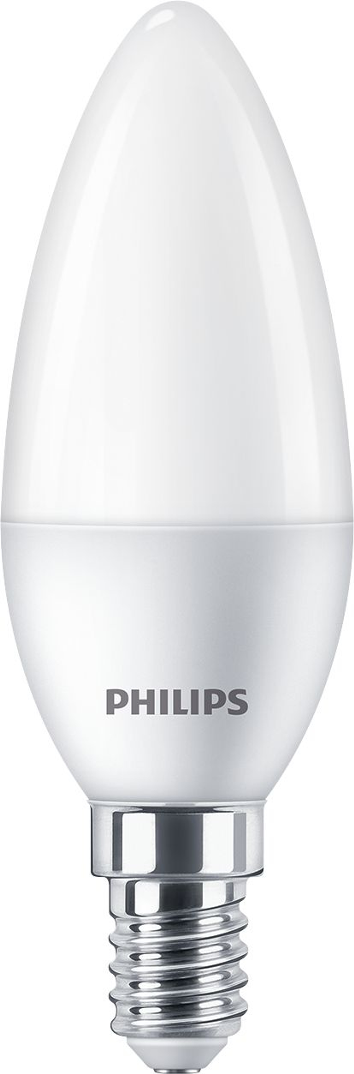 Une ampoule Philips blanche en forme de bougie avec culot argenté.