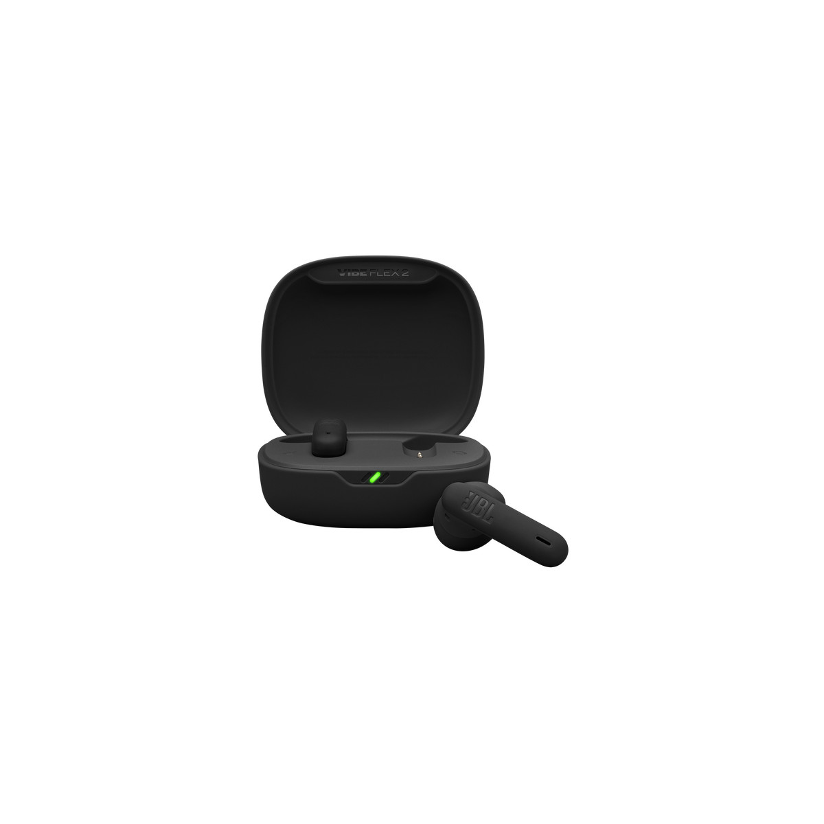 Auriculares JBL negros con estuche de carga abierto y un auricular al lado.