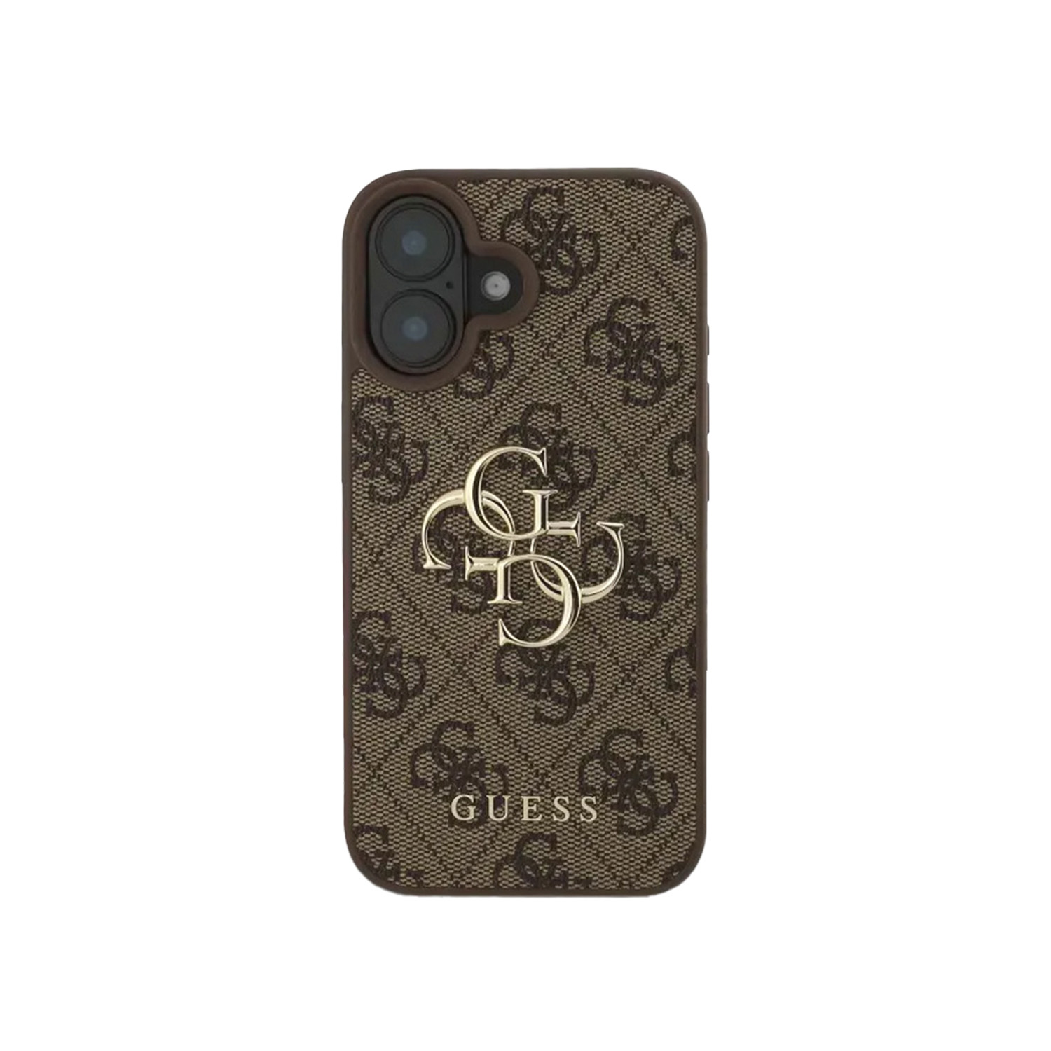 Funda marrón Guess con estampado de monograma y logo dorado.