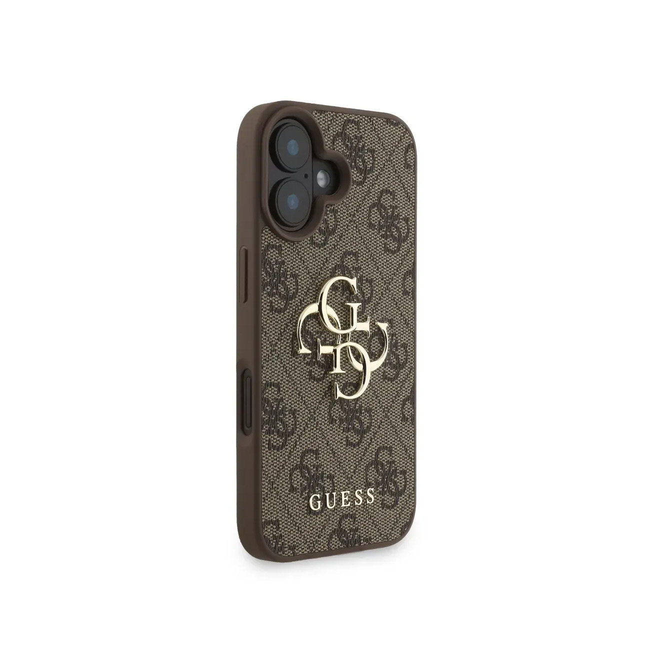 Funda de teléfono marrón con logo y estampado Guess.