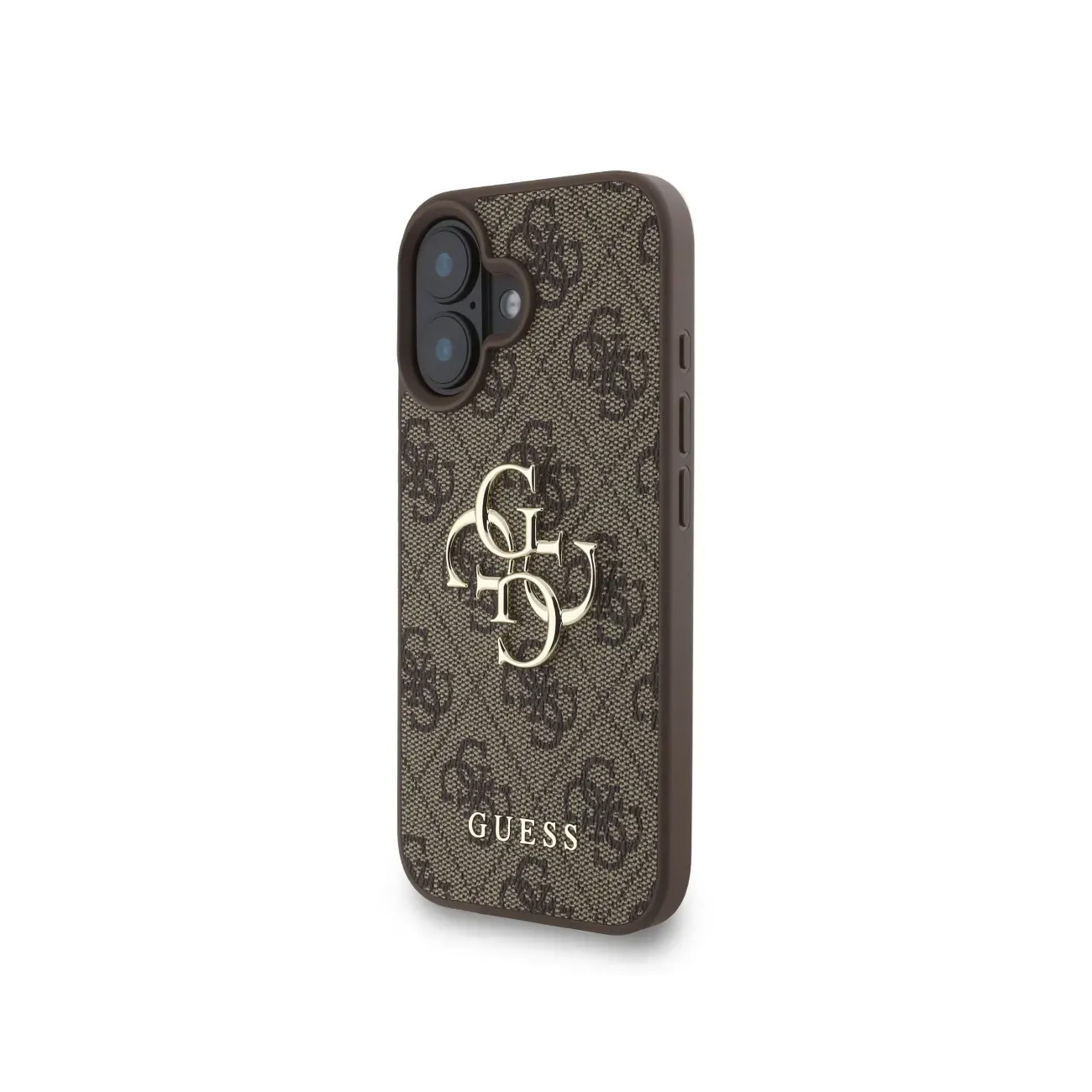 Una funda de teléfono marrón con el logo de GUESS y patrón monograma.